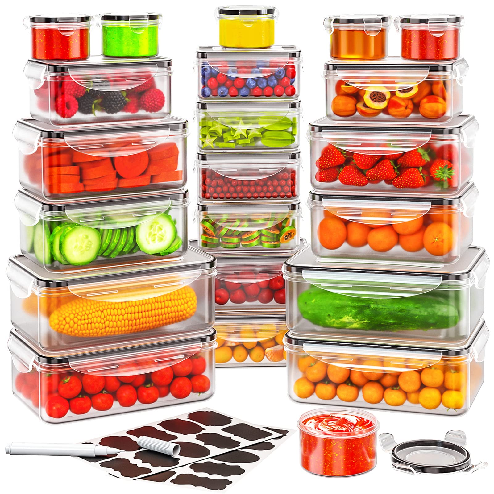 JSCARES 40 PCS Food Storage Containers with Lids Airtight (20 Lids &20 Containers) - Leakproof Meal-Prep Containers for Kitchen Storage Reusable Plastic Microwave/Dishwasher Safe with Labels & Pen
