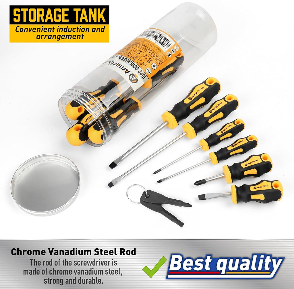 Amartisan 10-Piece Magnetic Screwdrivers Set, 5 Phillips and 5 Slotted Tips Professional Cushion Grip Screwdriver Set 2pcs Portable Multifunction Key Mini Screwdriver (Yellow)