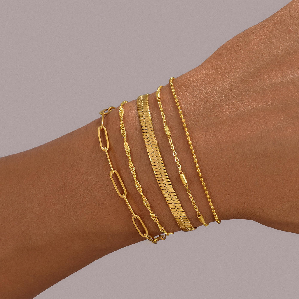 Gold Bracelets for Women, 14K Gold Plated Stackable Bracelet Stack Set Adjustable Charm Paperclip Chain Snake Link Layered Waterproof Jewelry Sets Gifts