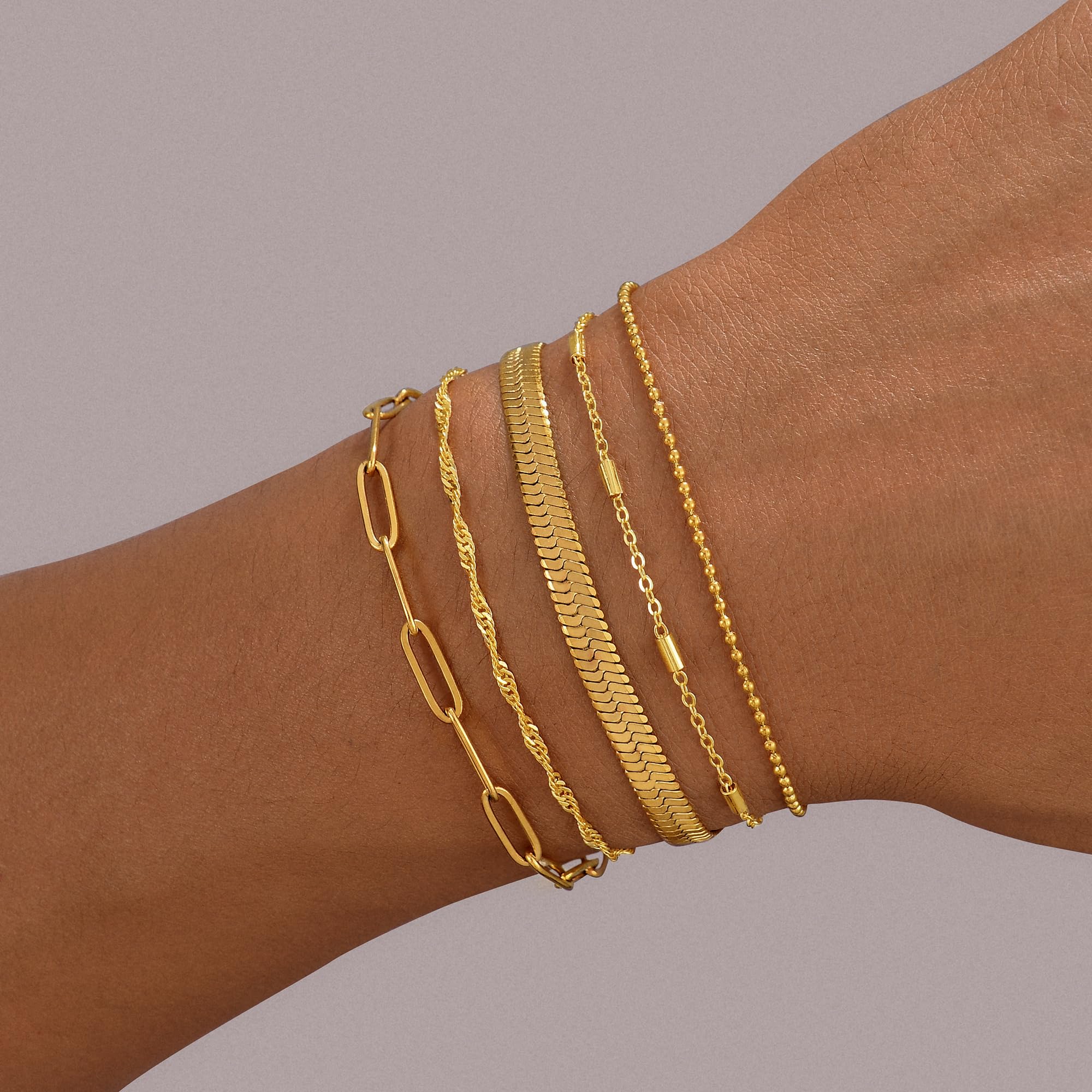Gold Bracelets for Women, 14K Gold Plated Stackable Bracelet Stack Set Adjustable Charm Paperclip Chain Snake Link Layered Waterproof Jewelry Sets Gifts