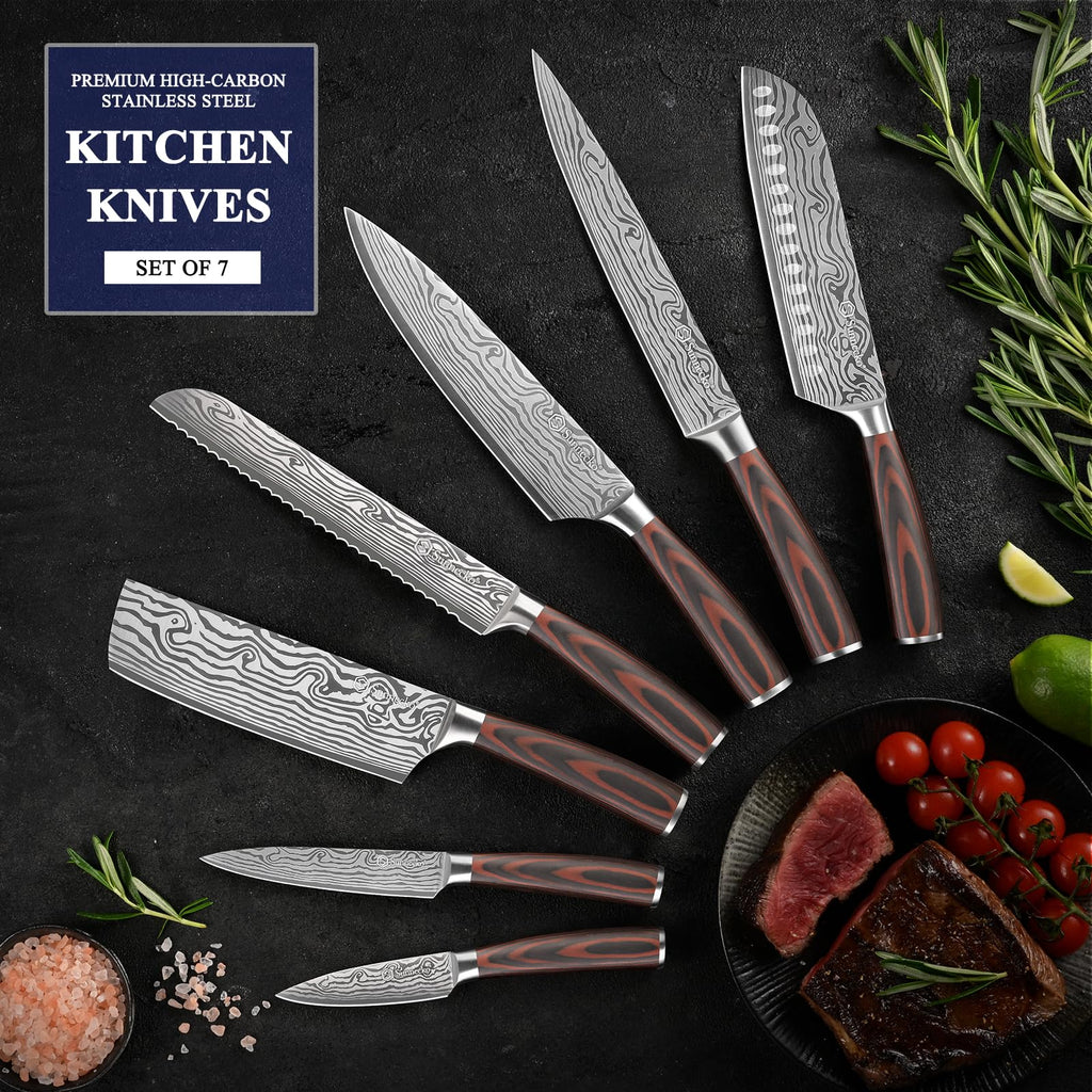 Sunnecko Kitchen Knife Set 5 Piece Chef Knife Set Professional High Carbon Stainless Steel, Sharp Kitchen Knives with Wooden Handle