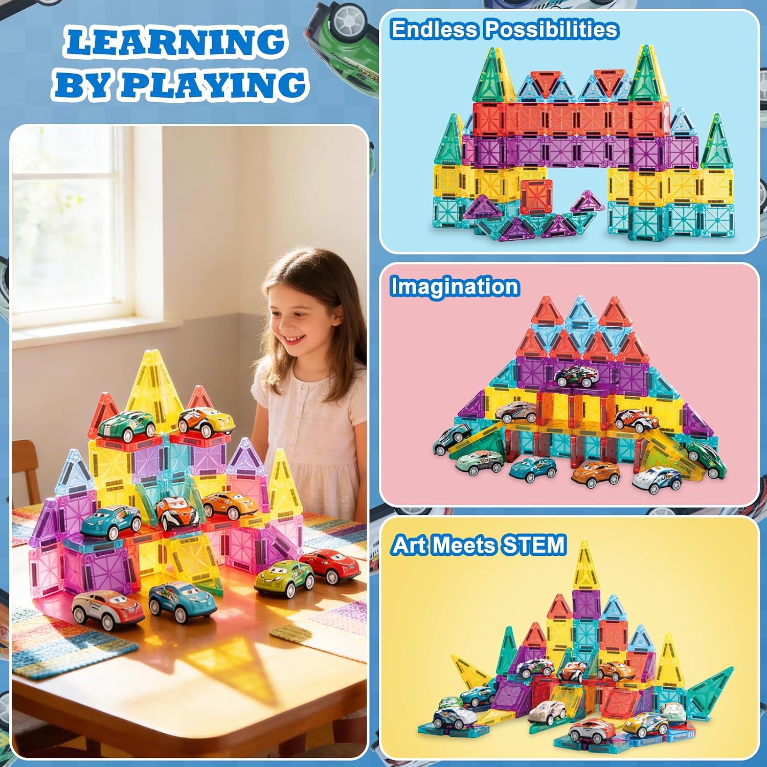Mini Magnetic Tiles 93PCS Set with 12 Cars and Storage Bag for Kids 3-6
