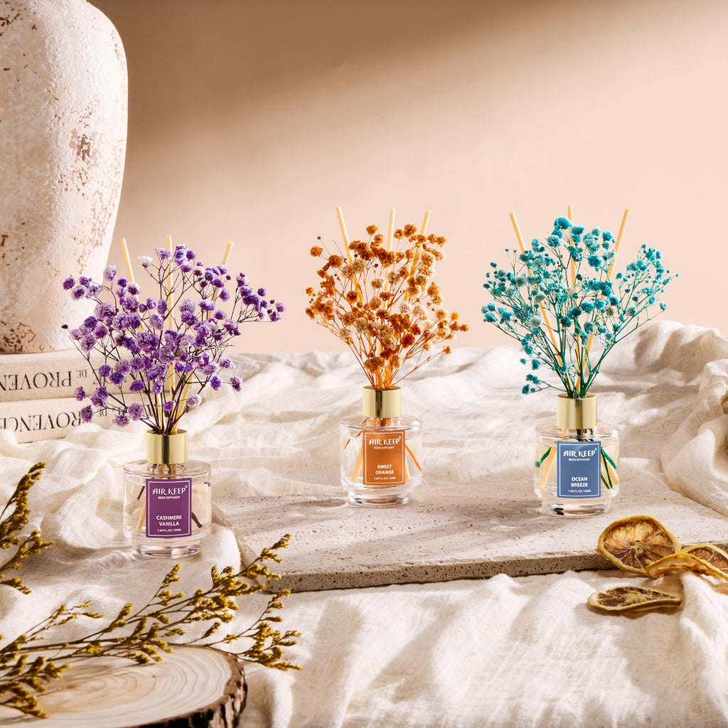 Airkeep Reed Diffuser Set of 3,Clean Linen Ocean Mist&Sea Salt Lavender Eucalyptus Oil Reed Diffusers for Bedroom Living Room Office Aromatherapy Oil Reed Diffuser for Gift 50ml x 3