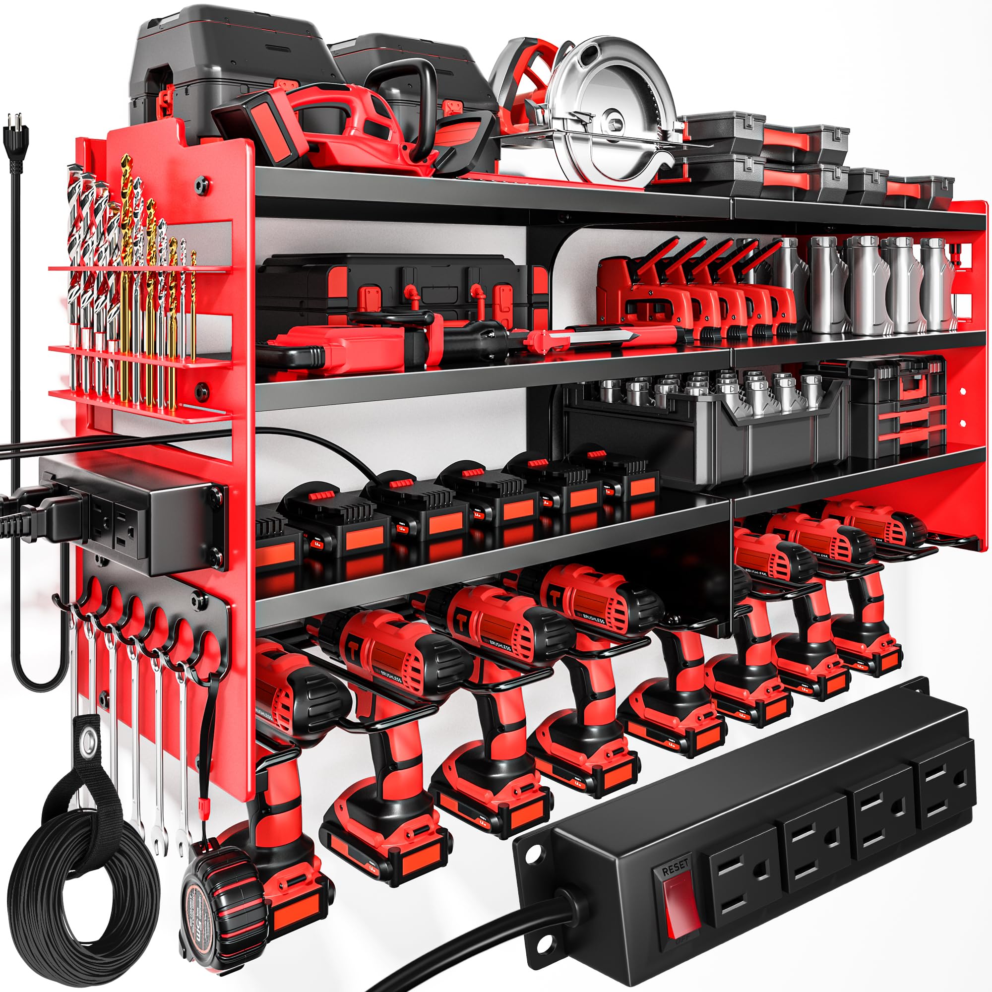 POKIPO Large Power Tool Organizer Wall Mount with Charging Station,4 Layer Heavy Duty Metal Tool Storage Rack Loads 600lbs with 8 Cordless Drill Holder,Battery Utility Rack Loads with 4 Power Strip