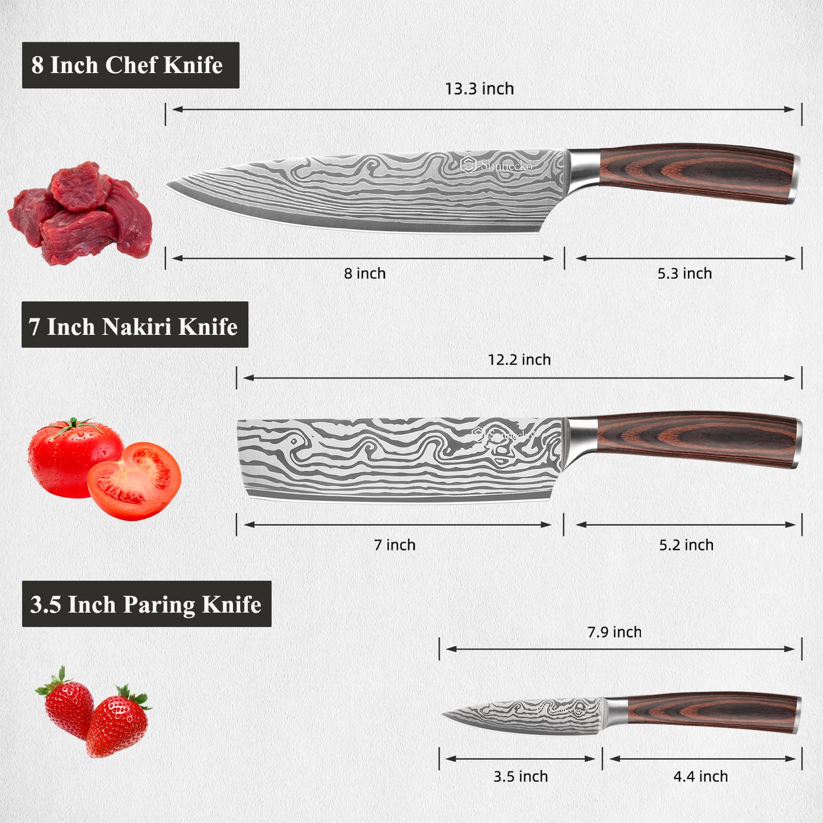 Sunnecko Kitchen Knife Set 5 Piece Chef Knife Set Professional High Carbon Stainless Steel, Sharp Kitchen Knives with Wooden Handle