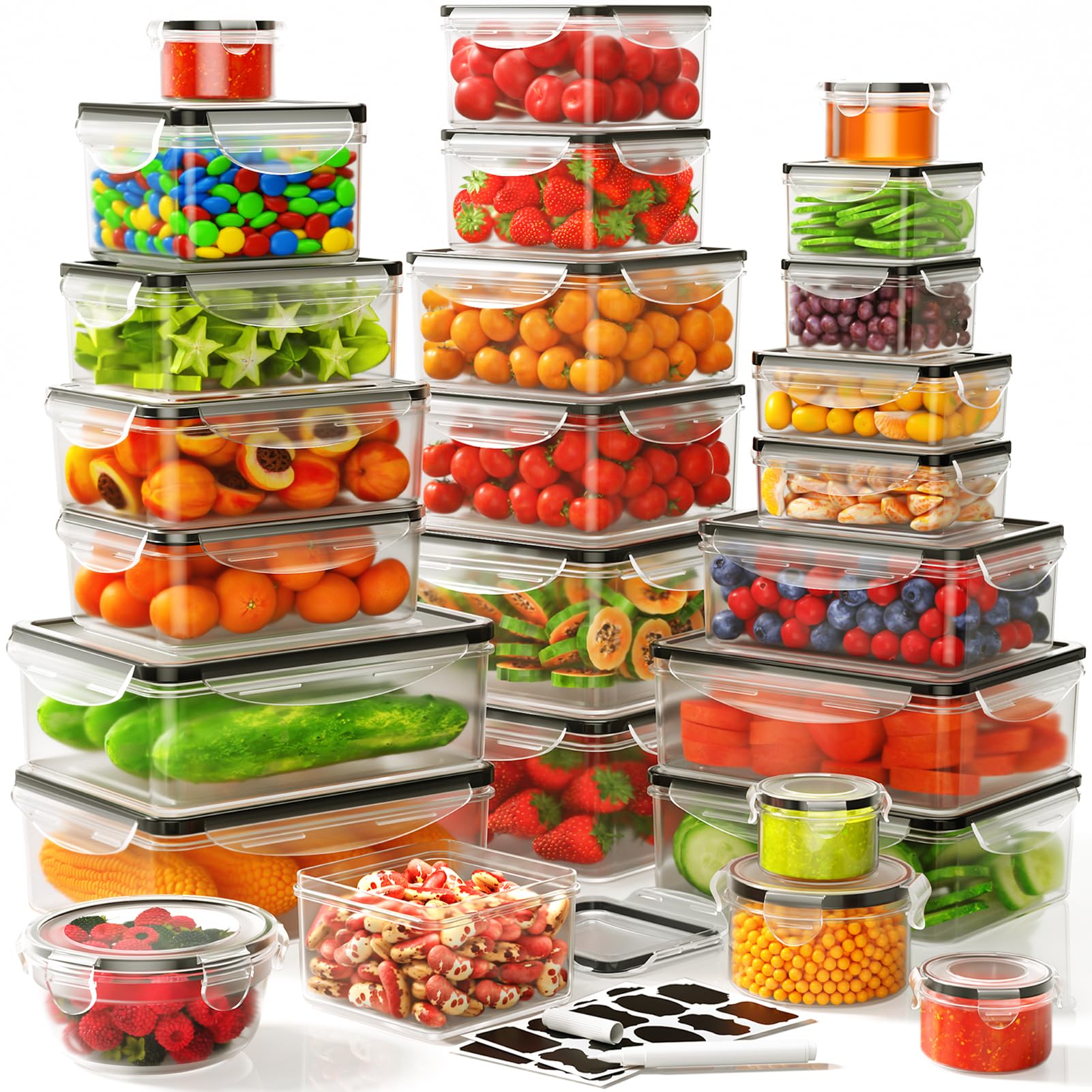 JSCARES 40 PCS Food Storage Containers with Lids Airtight (20 Lids &20 Containers) - Leakproof Meal-Prep Containers for Kitchen Storage Reusable Plastic Microwave/Dishwasher Safe with Labels & Pen