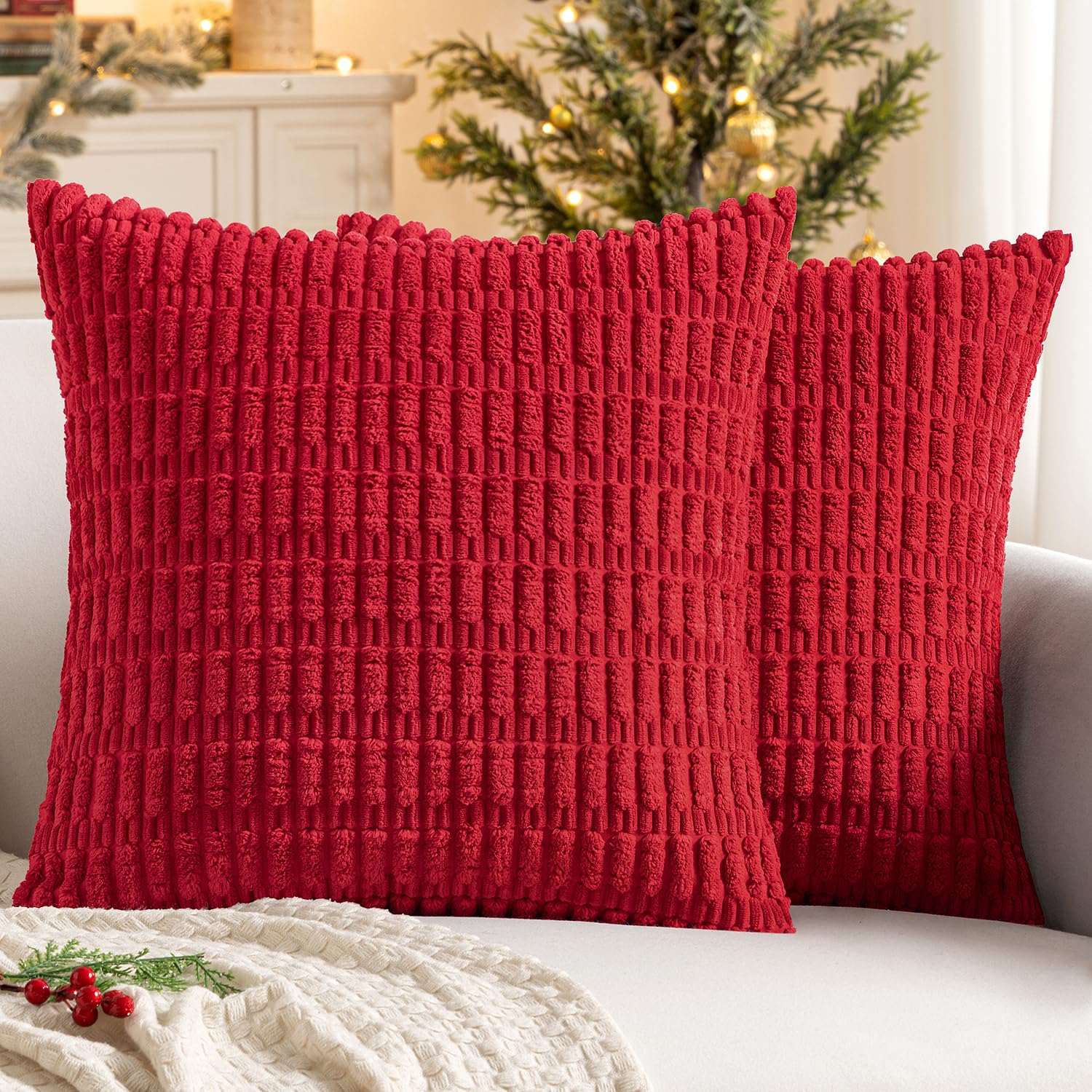 MIULEE Corduroy Decorative Throw Pillow Covers 18x18 Cream White Pack of 2