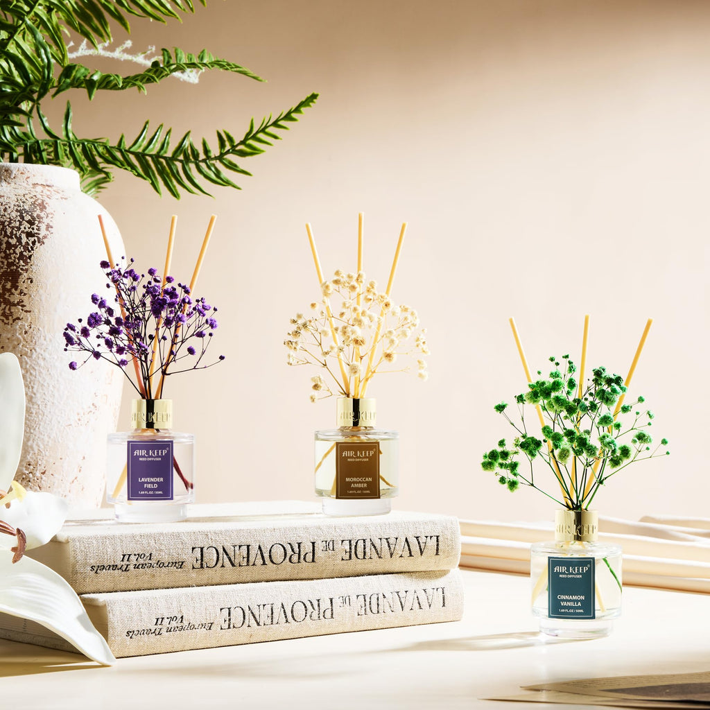 Airkeep Reed Diffuser Set of 3,Clean Linen Ocean Mist&Sea Salt Lavender Eucalyptus Oil Reed Diffusers for Bedroom Living Room Office Aromatherapy Oil Reed Diffuser for Gift 50ml x 3