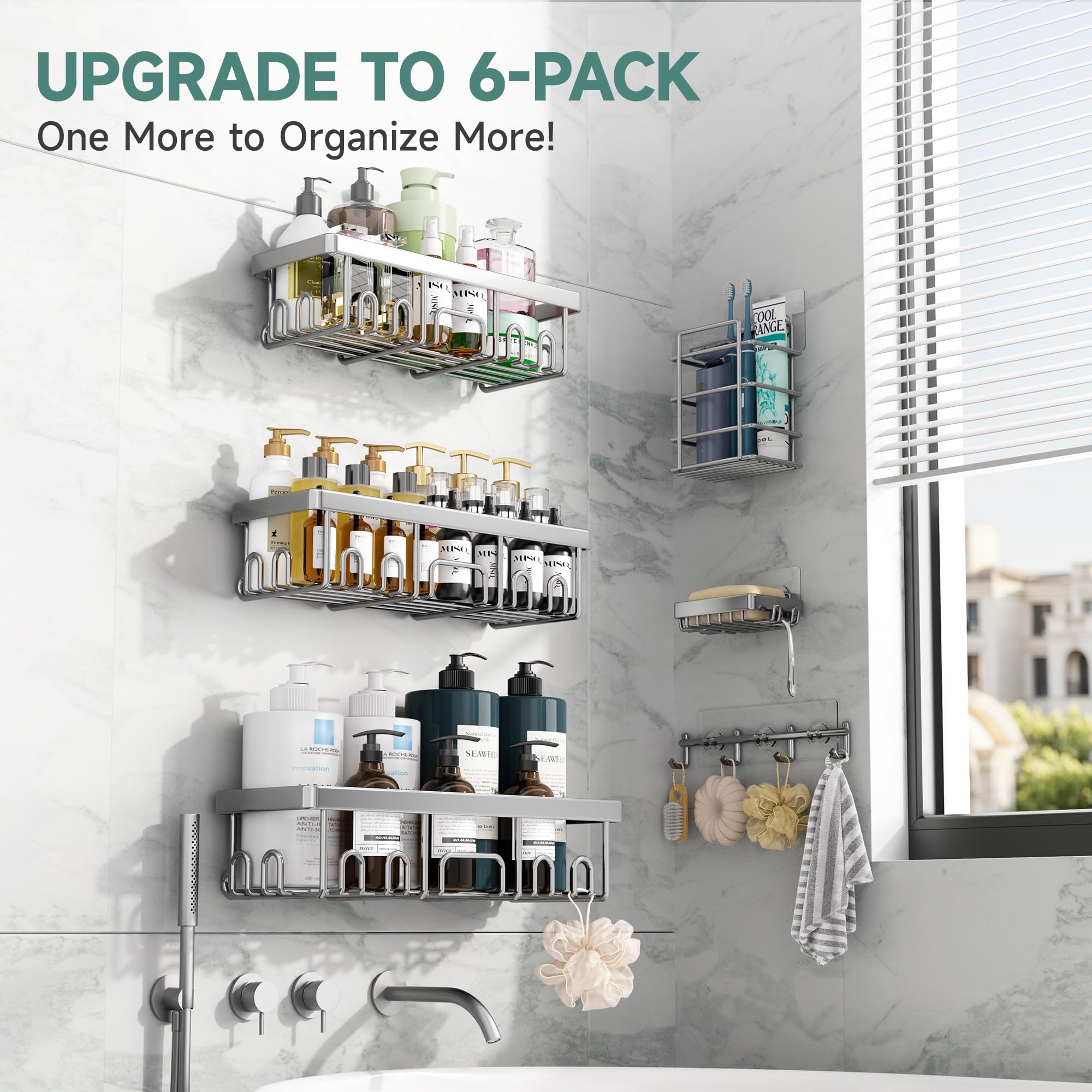Veken Shower Caddy 6-Pack, Bathroom Organizers and Storage Shelves, Black