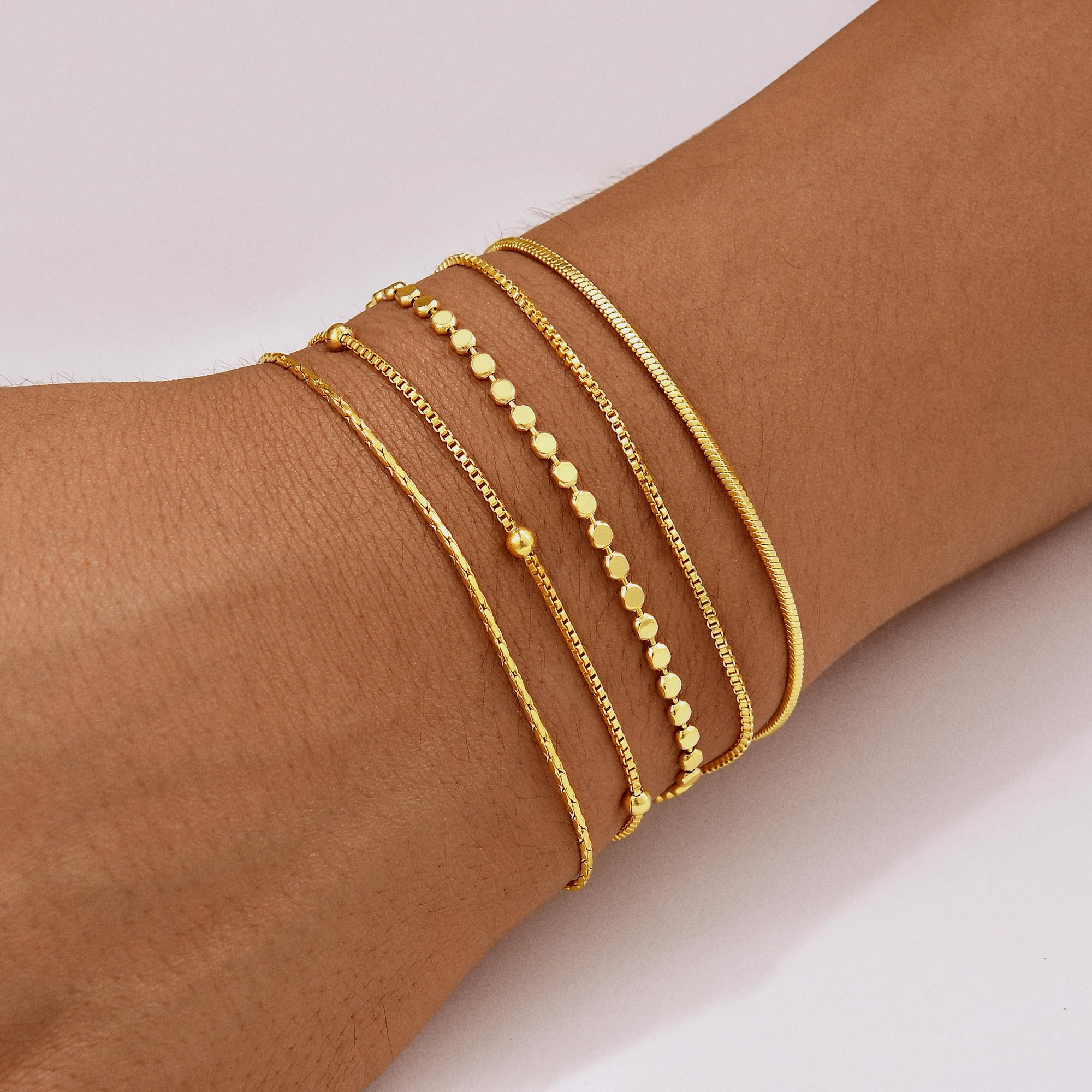 Gold Bracelets for Women, 14K Gold Plated Stackable Bracelet Stack Set Adjustable Charm Paperclip Chain Snake Link Layered Waterproof Jewelry Sets Gifts
