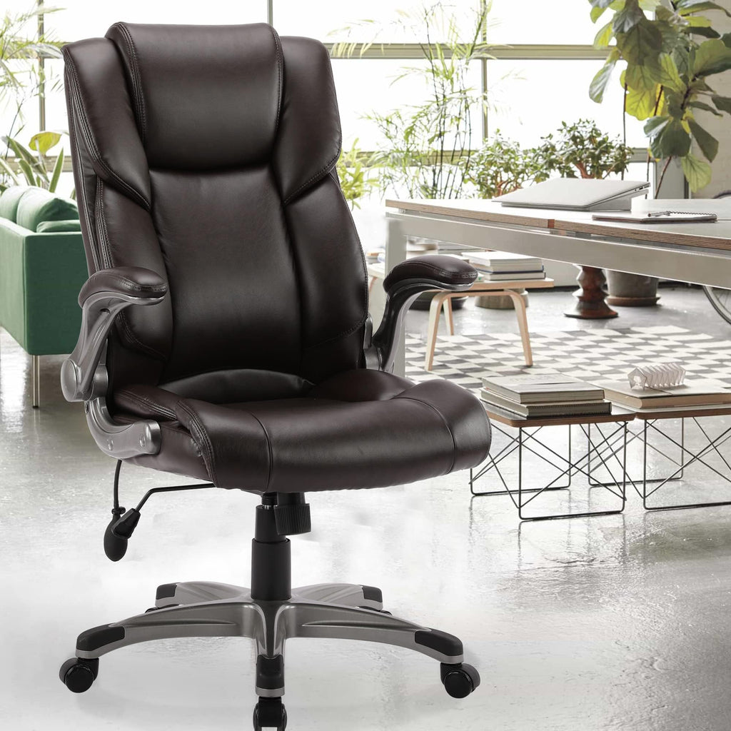 COLAMY High Back Executive Office Chair - Padded Leather Ergonomic Computer Desk Chair with Inflatable Lumbar Support & Flip-Up Arms, Adjustable Tilt Lock Swivel Task Chair for Home Office, Black