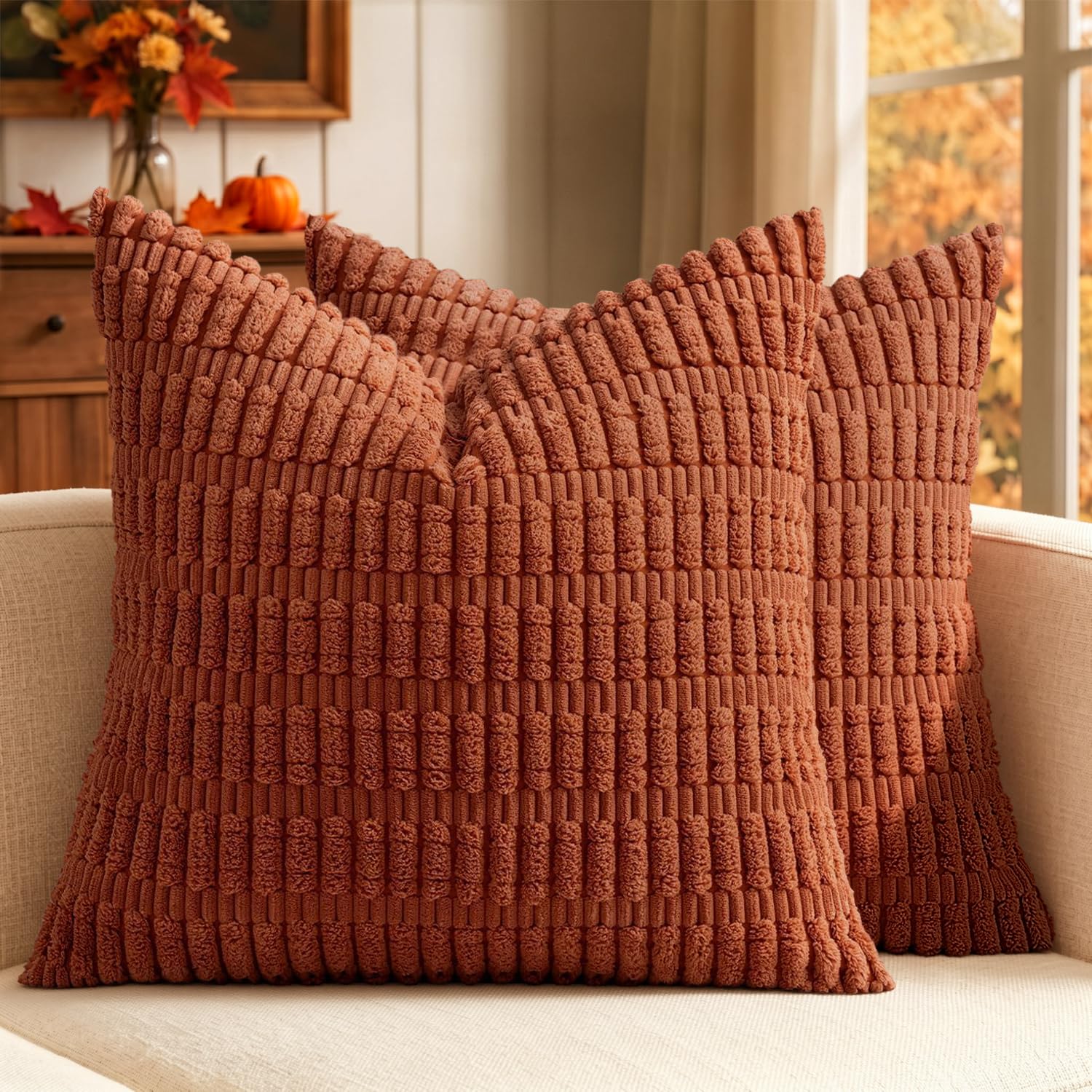 MIULEE Corduroy Decorative Throw Pillow Covers 18x18 Cream White Pack of 2