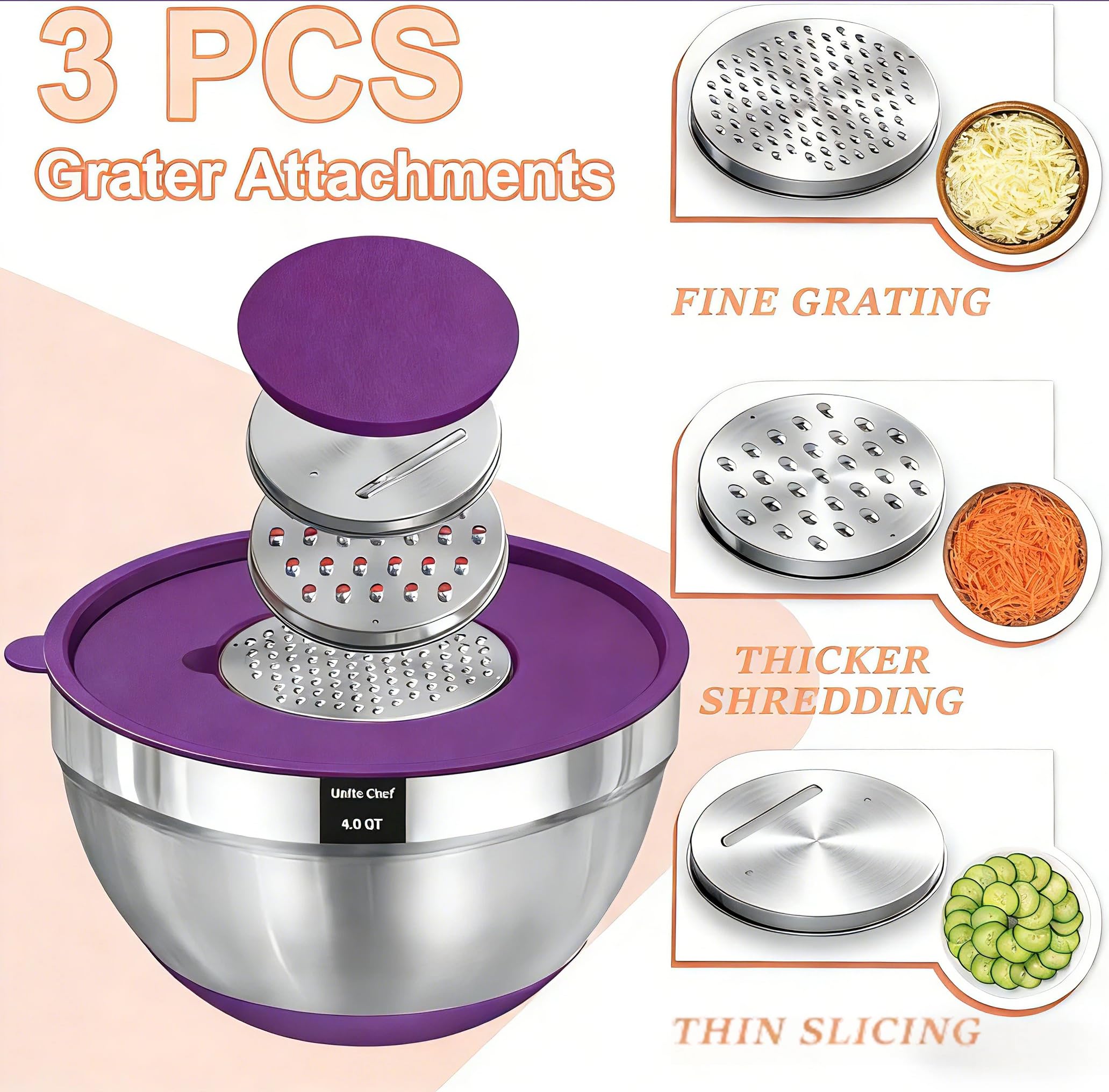 Mixing Bowls with Airtight Lids Set, 26PCS Stainless Steel Khaki Bowls with Grater Attachments, Non-Slip Bottoms & Kitchen Gadgets Set, Size 7, 4, 2.5, 2.0,1.5, 1QT, Great for Mixing & Serving