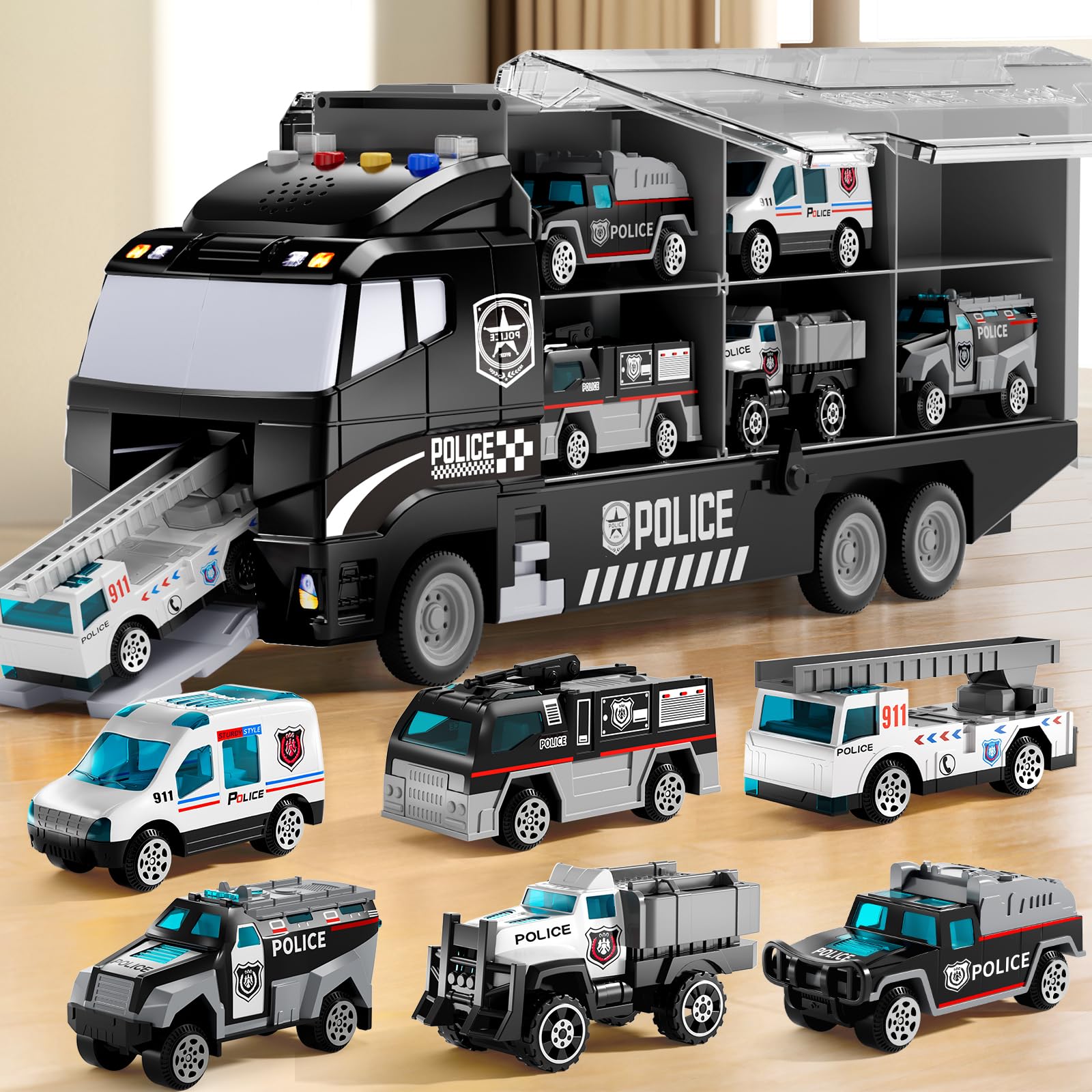 NIPLOOOW Toddler Boys Construction Truck Vehicle Toy Set with Play Mat and Die-Cast Toy Car, Transport Carrier Truck for Kids 3-5, Birthday Gifts Toys for 3-8 Year Old Boys