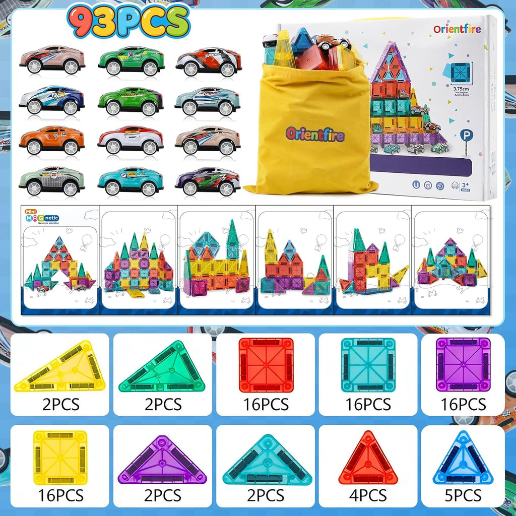 Mini Magnetic Tiles 93PCS Set with 12 Cars and Storage Bag for Kids 3-6