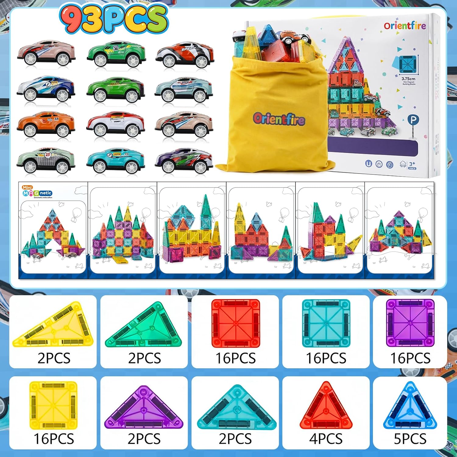 Mini Magnetic Tiles 93PCS Set with 12 Cars and Storage Bag for Kids 3-6