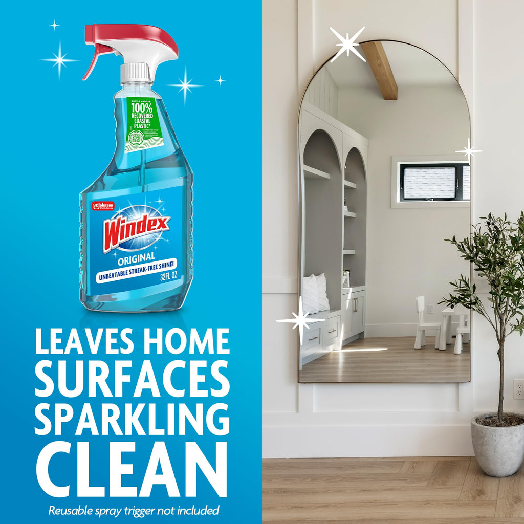 Windex Glass and Window Cleaner Spray Bottle, Packaging Designed to Prevent Leakage and Breaking, Surface Cleaning Spray, Original Blue Scent, 23 Fl Oz
