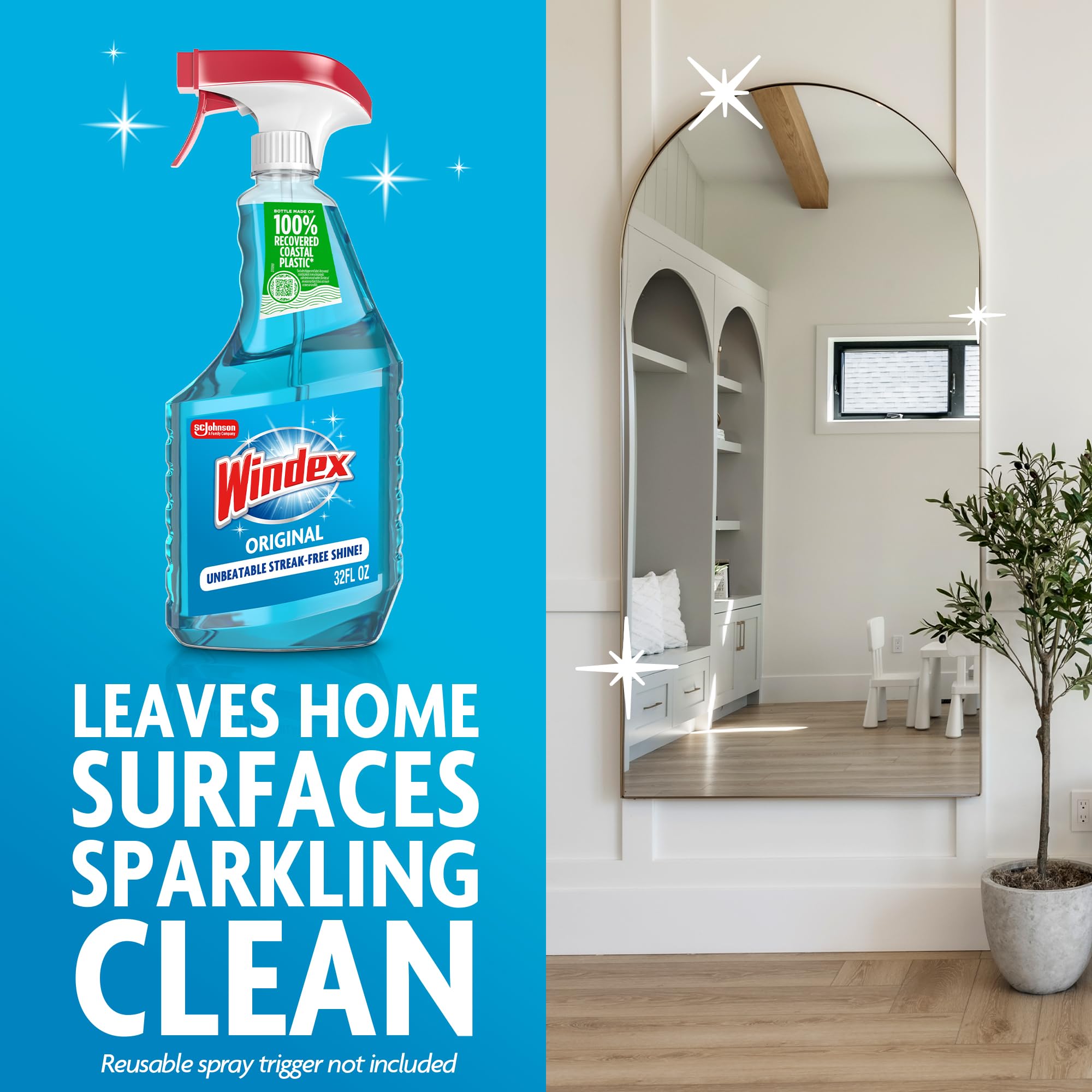 Windex Glass and Window Cleaner Spray Bottle, Packaging Designed to Prevent Leakage and Breaking, Surface Cleaning Spray, Original Blue Scent, 23 Fl Oz