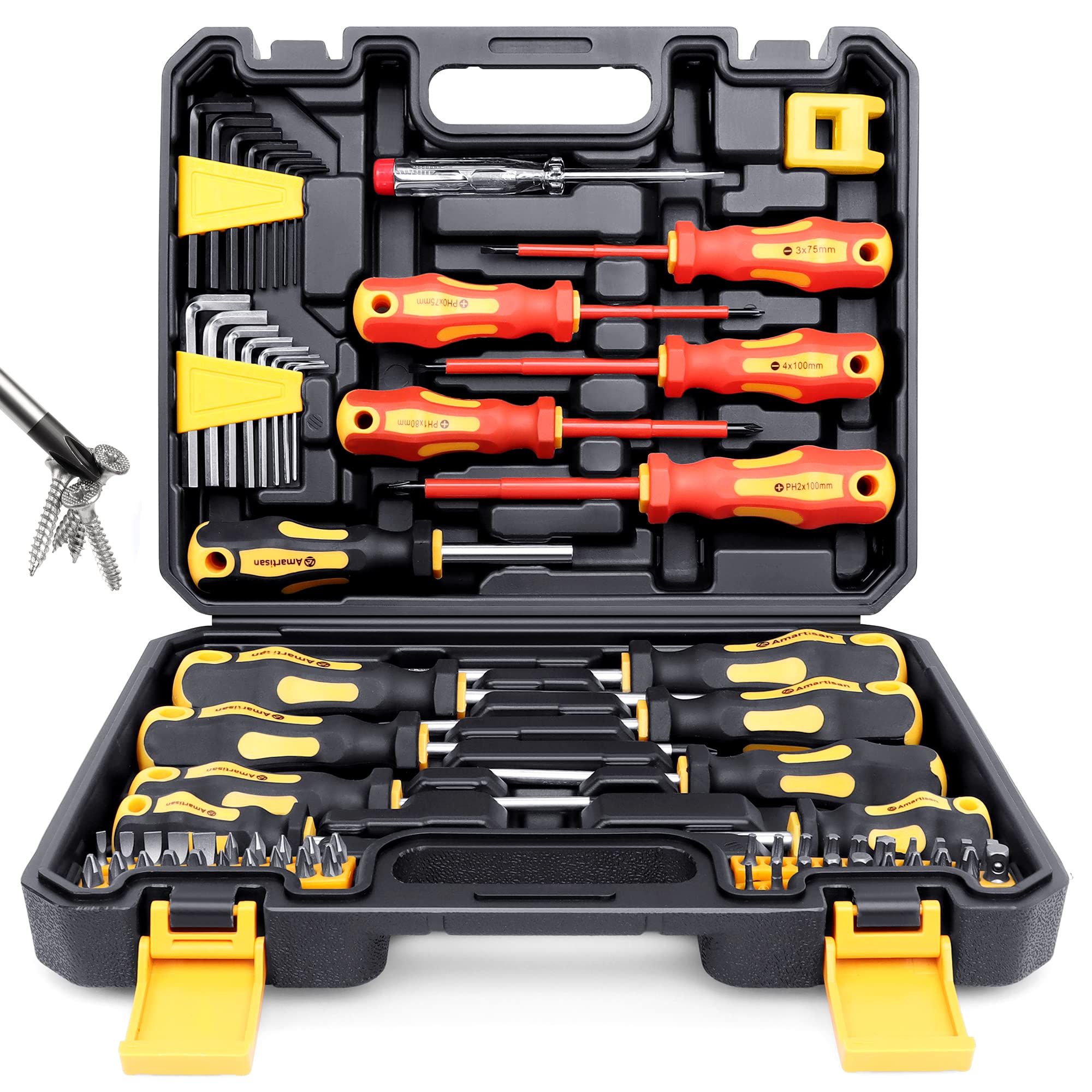 Amartisan 10-Piece Magnetic Screwdrivers Set, 5 Phillips and 5 Slotted Tips Professional Cushion Grip Screwdriver Set 2pcs Portable Multifunction Key Mini Screwdriver (Yellow)