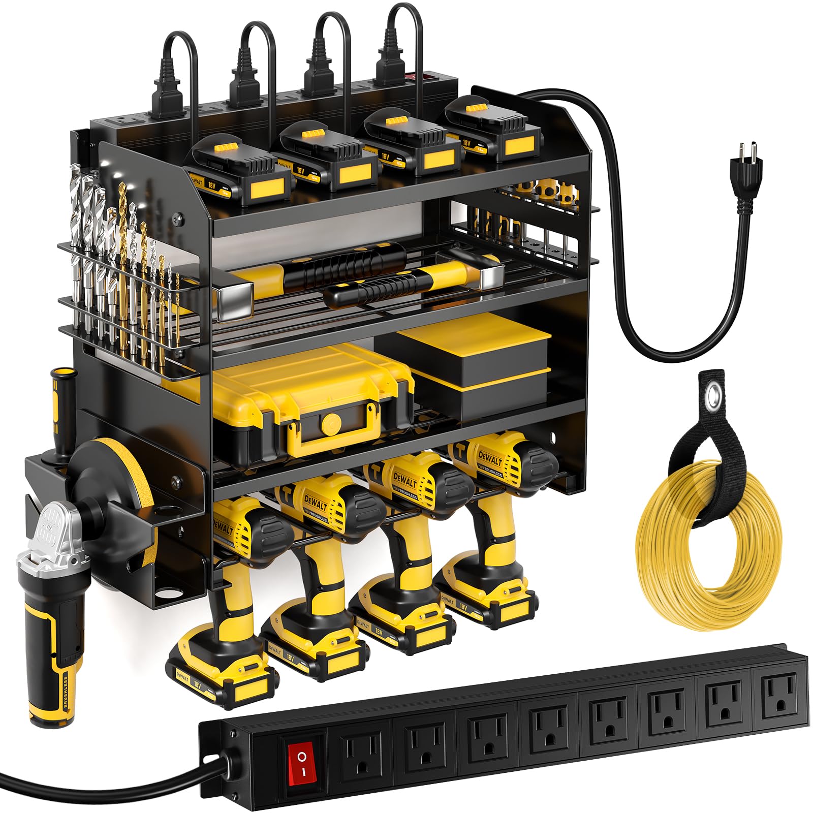 POKIPO Large Power Tool Organizer Wall Mount with Charging Station,4 Layer Heavy Duty Metal Tool Storage Rack Loads 600lbs with 8 Cordless Drill Holder,Battery Utility Rack Loads with 4 Power Strip