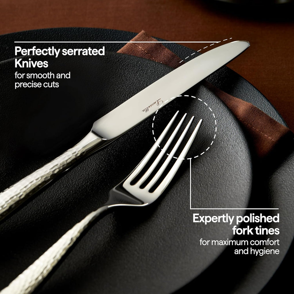 LUCIELLA 45-Piece Hammered 18/10 Forged Silverware Set and serving utensils