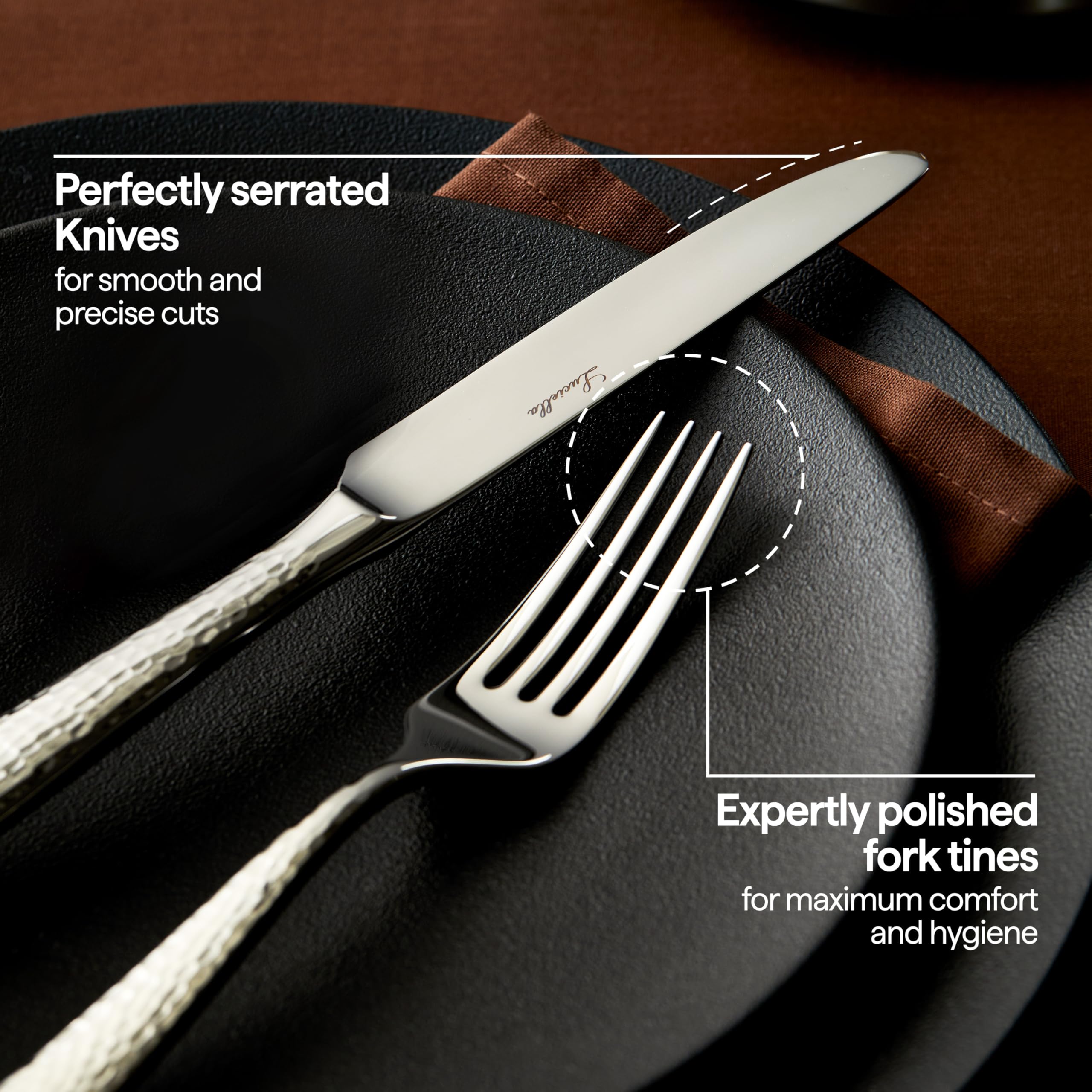 LUCIELLA 45-Piece Hammered 18/10 Forged Silverware Set and serving utensils
