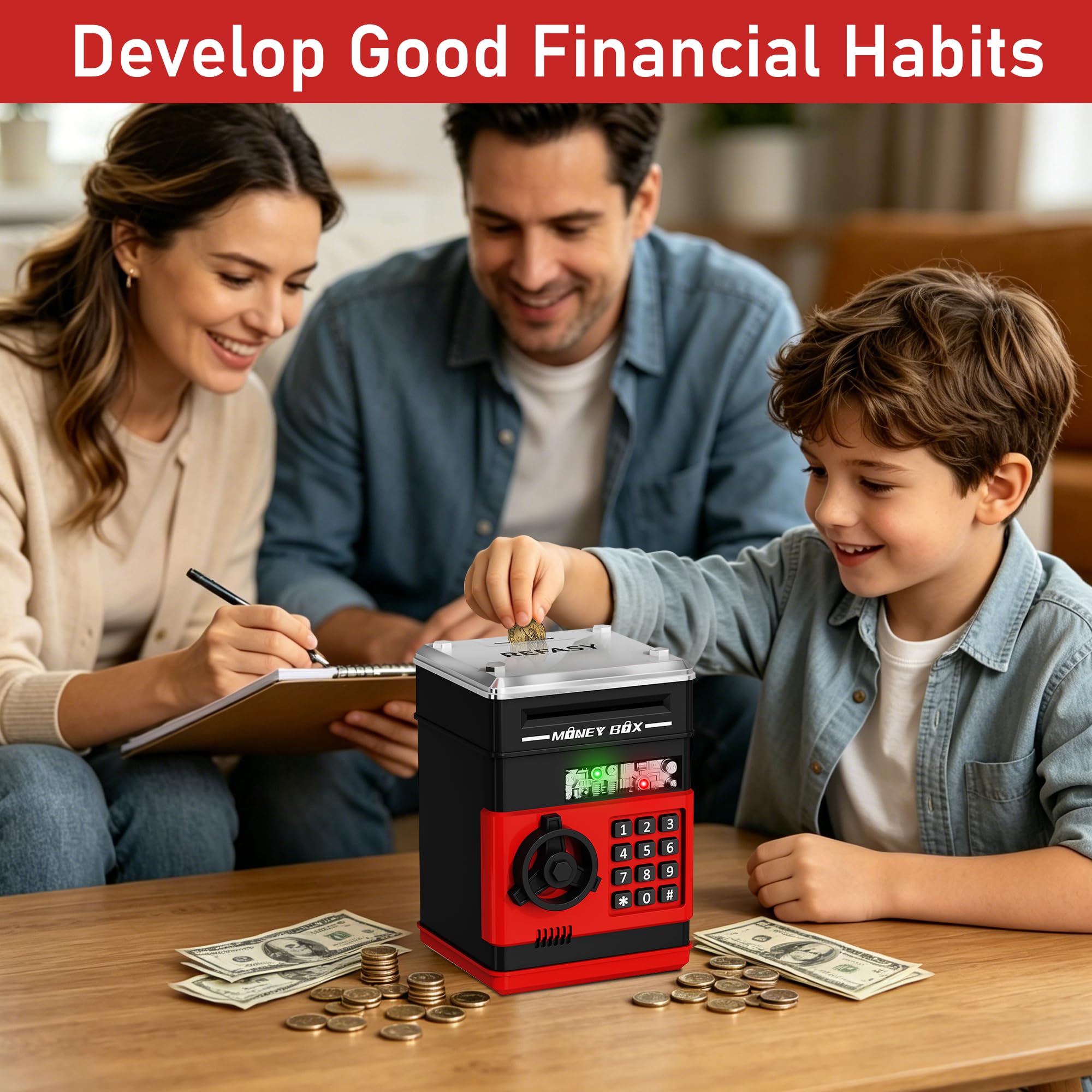 Refasy Piggy Bank Cash Coin Can ATM Bank Electronic Coin Money Bank for Kids Age 3-12, Money Savings Box Mini ATM Coin Bank Toys Gifts for 3 4 5 6 7 8 9 10 11 12 Year Old Boys Girls