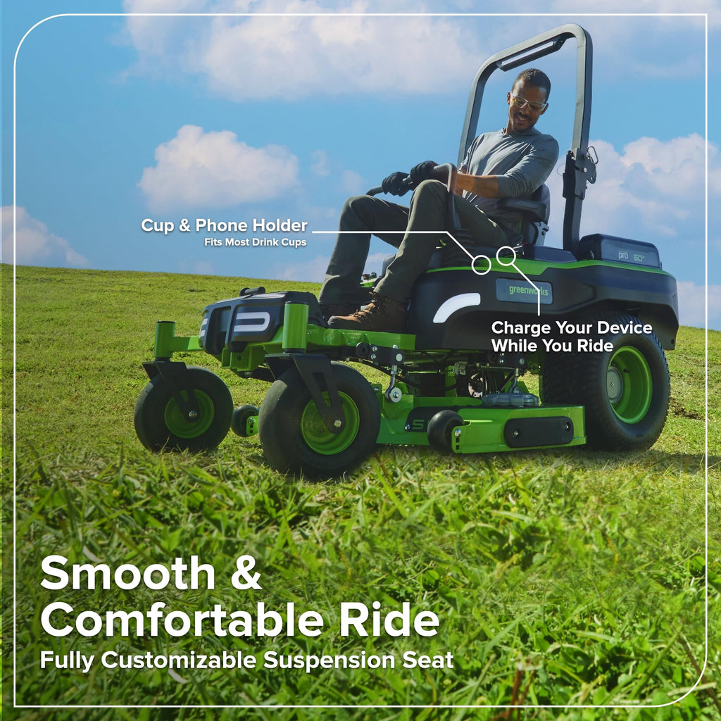 Greenworks 60V 30' Riding Lawn Mower (1.25 Acre, 16 HP Gas Equivalent, 6 MPH, Tow Up to 200 lbs.), (4) 8.0Ah Batteries (1,920 Wh Max) + Turbo Wall Charger