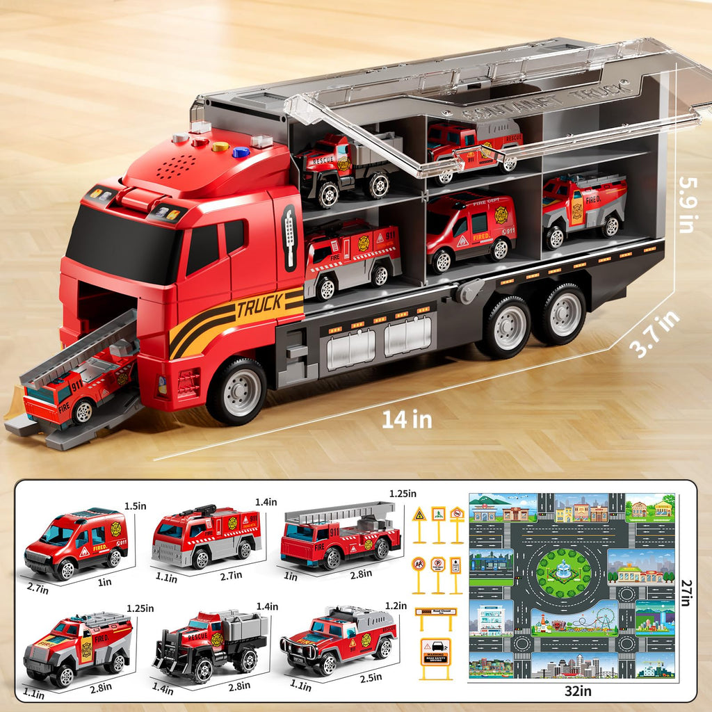 NIPLOOOW Toddler Boys Construction Truck Vehicle Toy Set with Play Mat and Die-Cast Toy Car, Transport Carrier Truck for Kids 3-5, Birthday Gifts Toys for 3-8 Year Old Boys