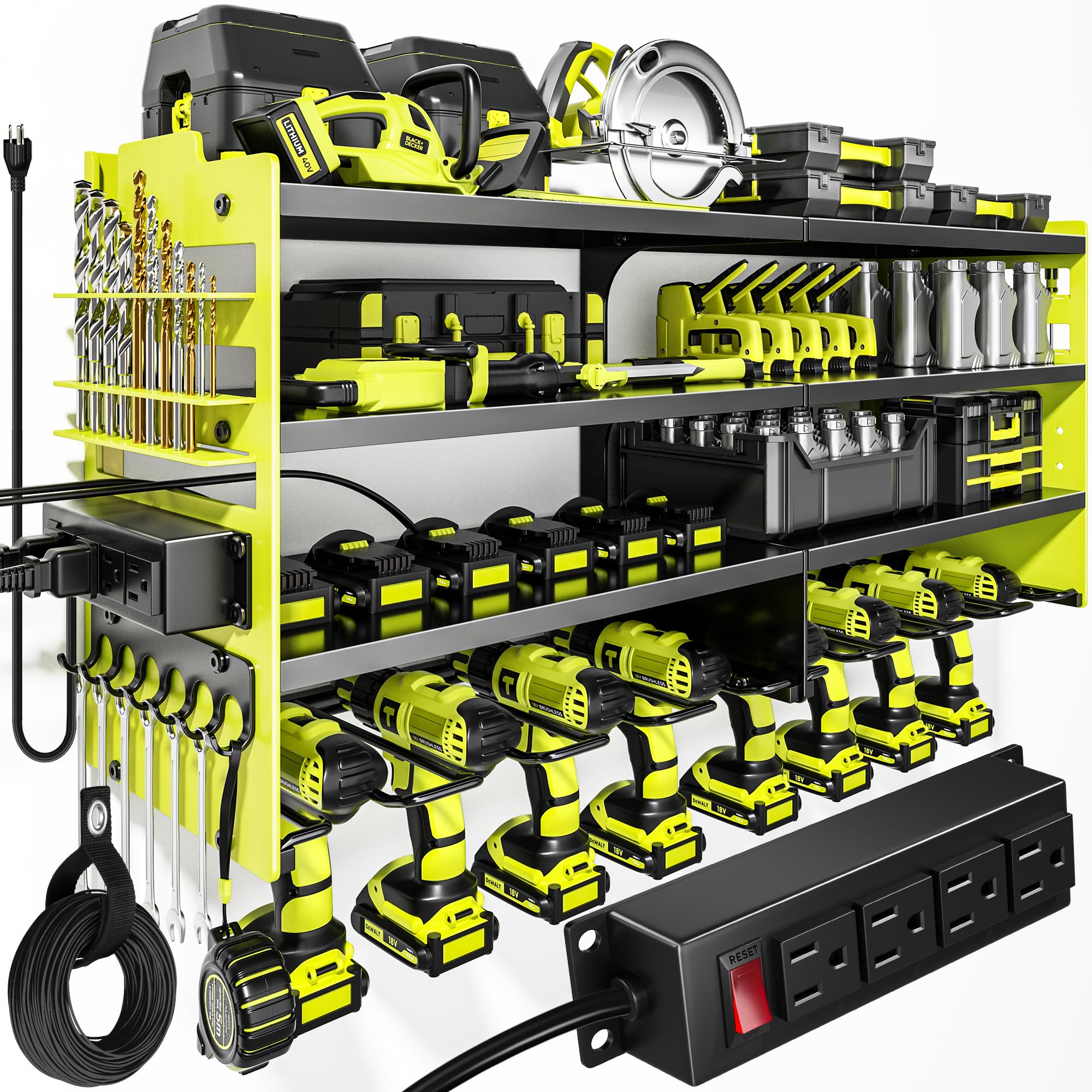 POKIPO Large Power Tool Organizer Wall Mount with Charging Station,4 Layer Heavy Duty Metal Tool Storage Rack Loads 600lbs with 8 Cordless Drill Holder,Battery Utility Rack Loads with 4 Power Strip