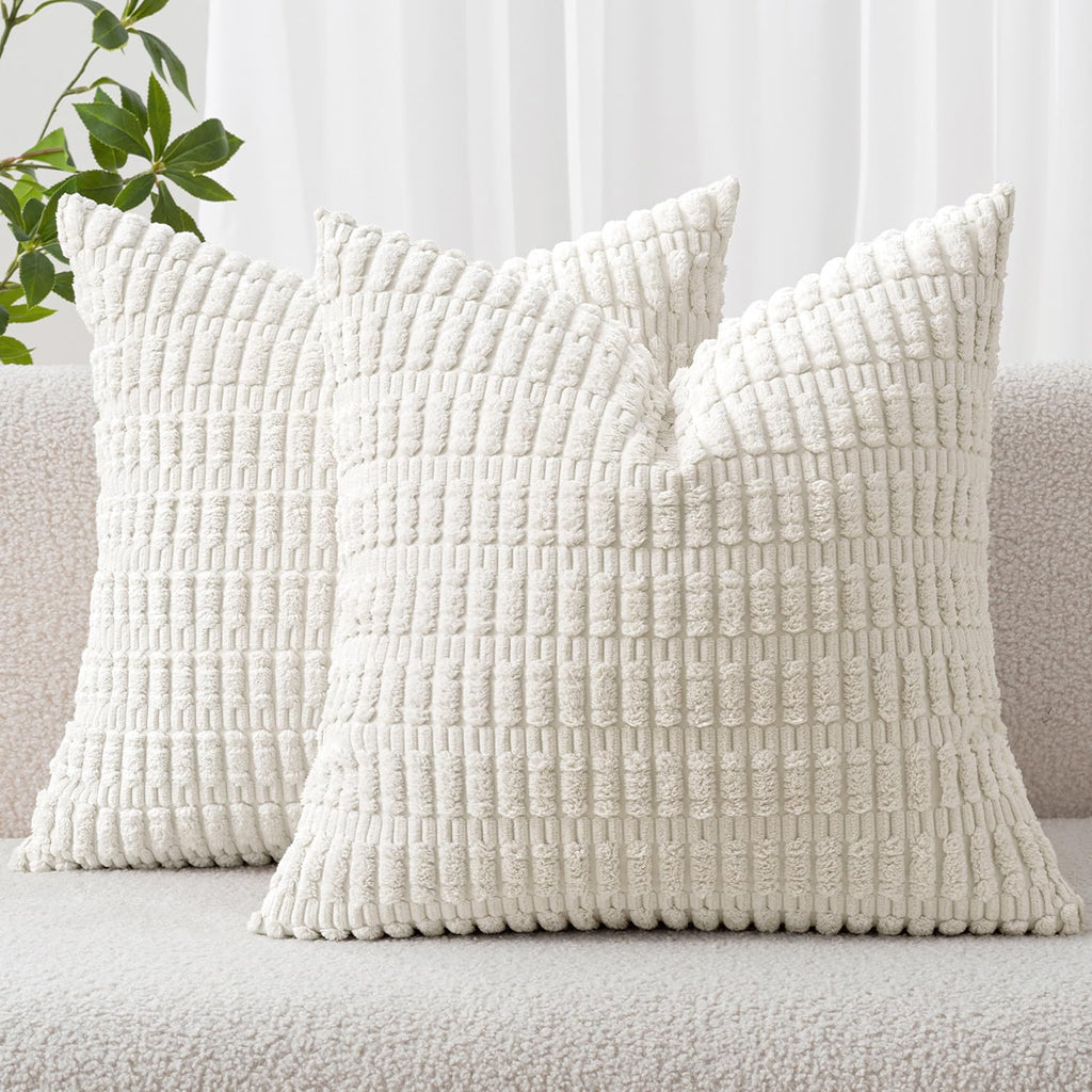 MIULEE Corduroy Decorative Throw Pillow Covers 18x18 Cream White Pack of 2