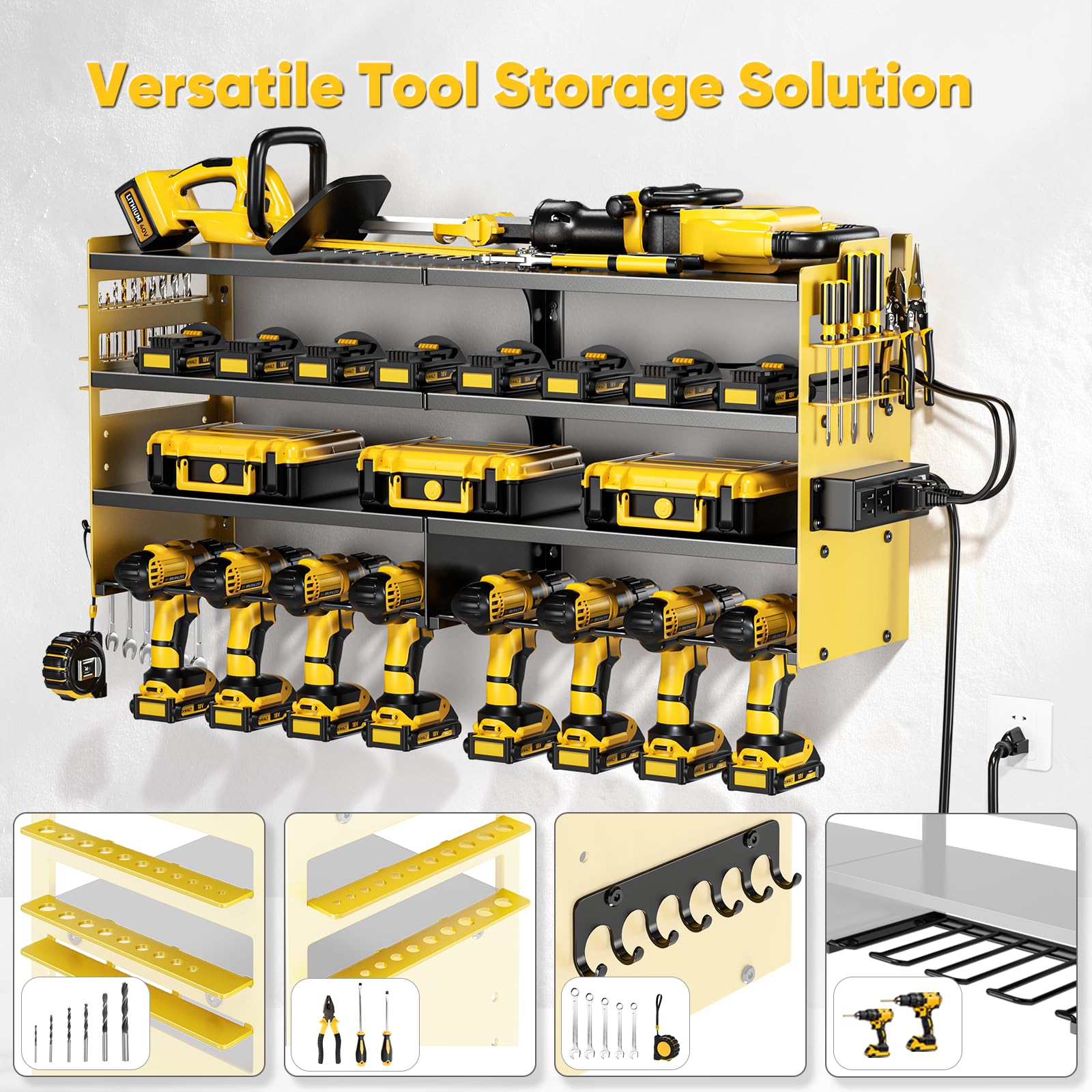 POKIPO Large Power Tool Organizer Wall Mount with Charging Station,4 Layer Heavy Duty Metal Tool Storage Rack Loads 600lbs with 8 Cordless Drill Holder,Battery Utility Rack Loads with 4 Power Strip
