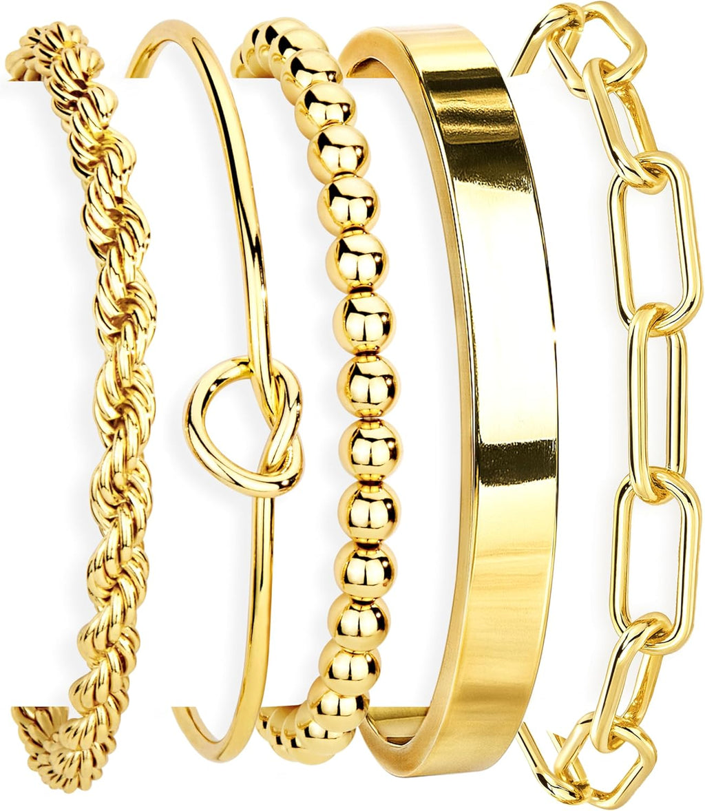 Gokeey Gold Bracelets Set for Women Non Tarnish, Waterproof 14K Gold Plated Sterling Silver Chunky Cuff Bracelet Stackable Gold Bangles Bracelet for Women Trendy Fashion Accessories Tie Knot Cuban Rope Paperclip Beaded Bracelet Stack Jewelry Mothers Day G