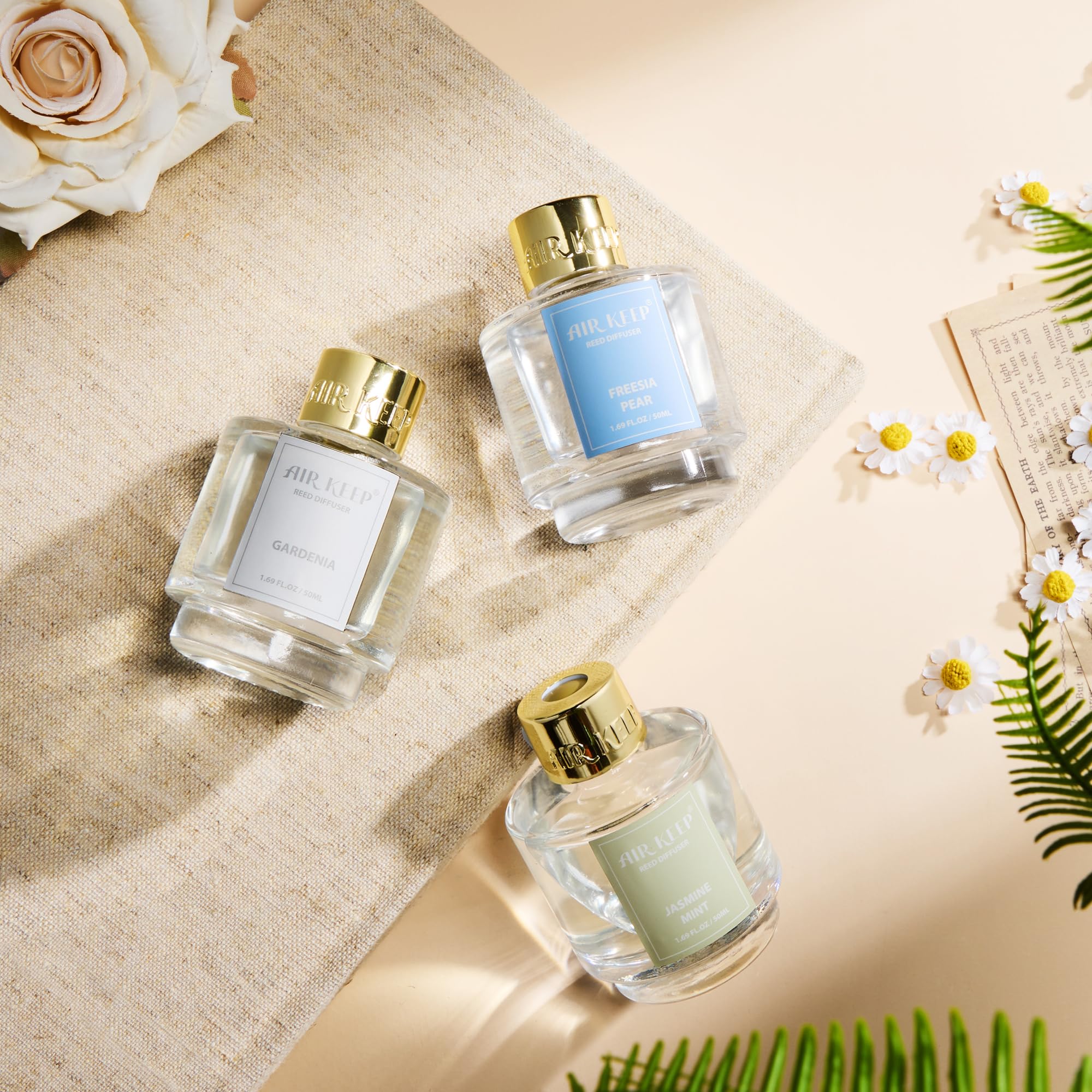 Airkeep Reed Diffuser Set of 3,Clean Linen Ocean Mist&Sea Salt Lavender Eucalyptus Oil Reed Diffusers for Bedroom Living Room Office Aromatherapy Oil Reed Diffuser for Gift 50ml x 3