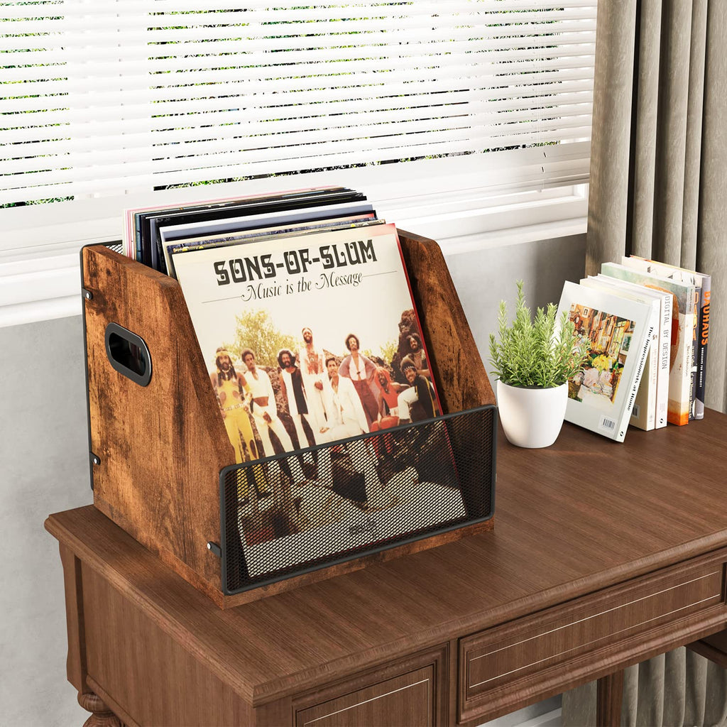 Homeiju Vinyl Record Storage, Record Box Case Crate, Vinyl Record Album Holder, Metal & Wooden LP Record Crate, Holds up to 60 Records