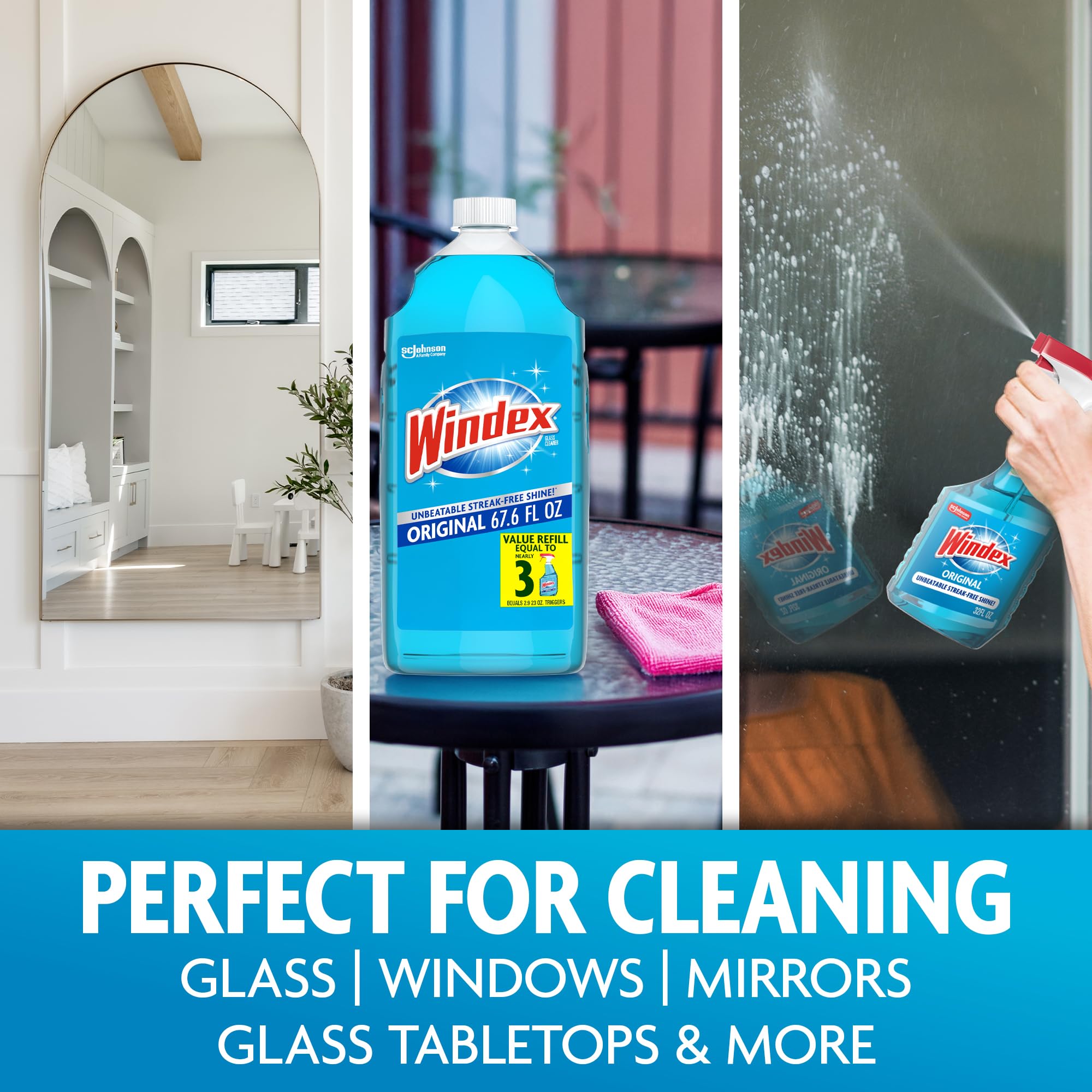 Windex Glass and Window Cleaner Spray Bottle, Packaging Designed to Prevent Leakage and Breaking, Surface Cleaning Spray, Original Blue Scent, 23 Fl Oz