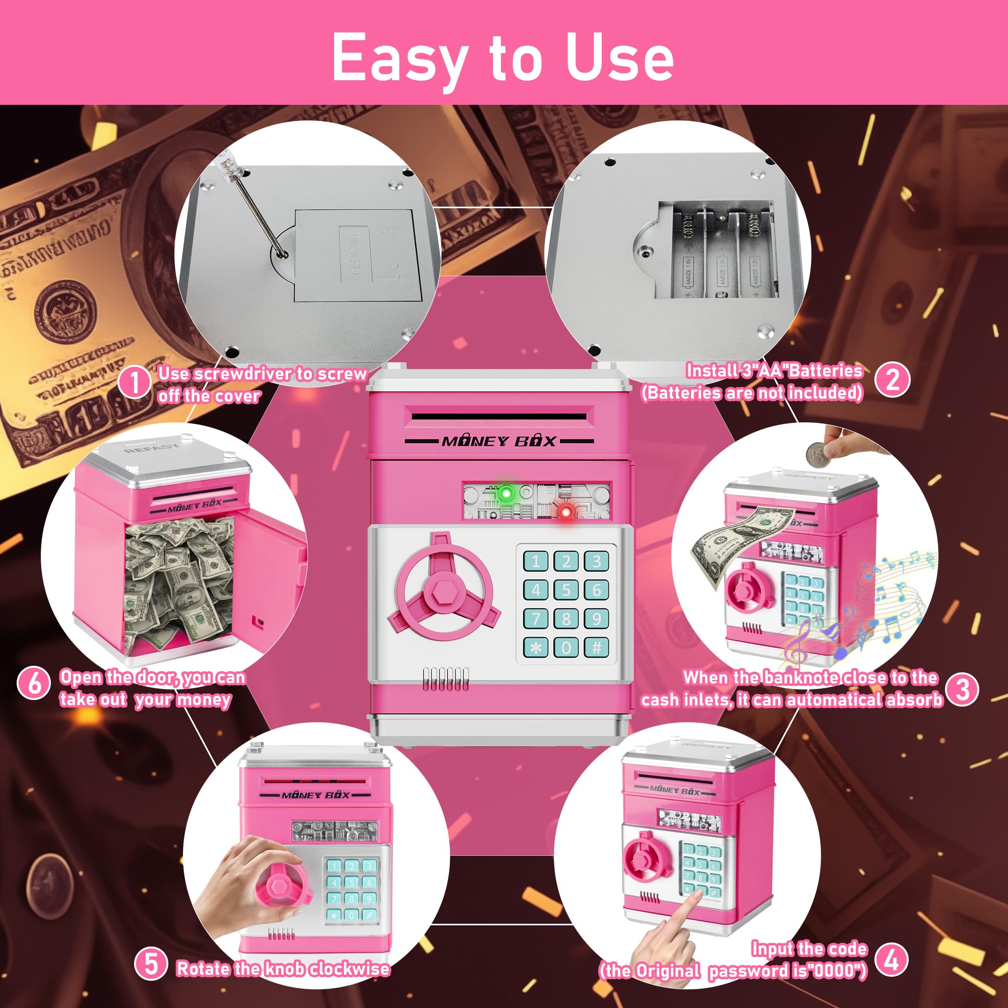 Refasy Piggy Bank Cash Coin Can ATM Bank Electronic Coin Money Bank for Kids Age 3-12, Money Savings Box Mini ATM Coin Bank Toys Gifts for 3 4 5 6 7 8 9 10 11 12 Year Old Boys Girls