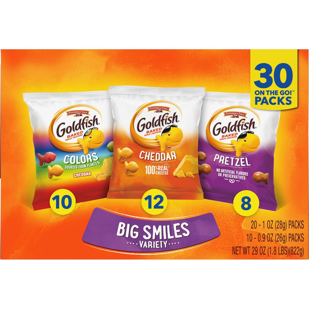 Goldfish Crackers Big Smiles Variety Pack with Cheddar, Colors, and Pretzels, Snack Packs, 30 Ct
