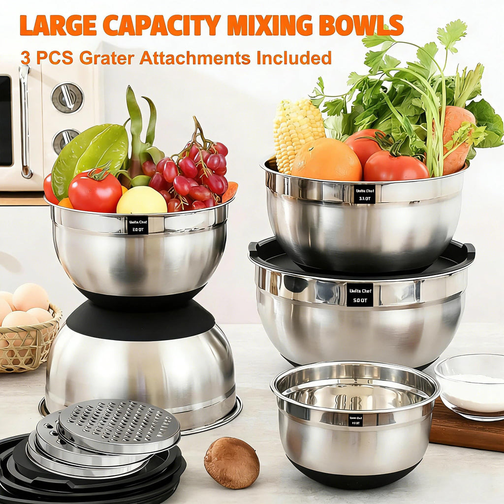 Mixing Bowls with Airtight Lids Set, 26PCS Stainless Steel Khaki Bowls with Grater Attachments, Non-Slip Bottoms & Kitchen Gadgets Set, Size 7, 4, 2.5, 2.0,1.5, 1QT, Great for Mixing & Serving