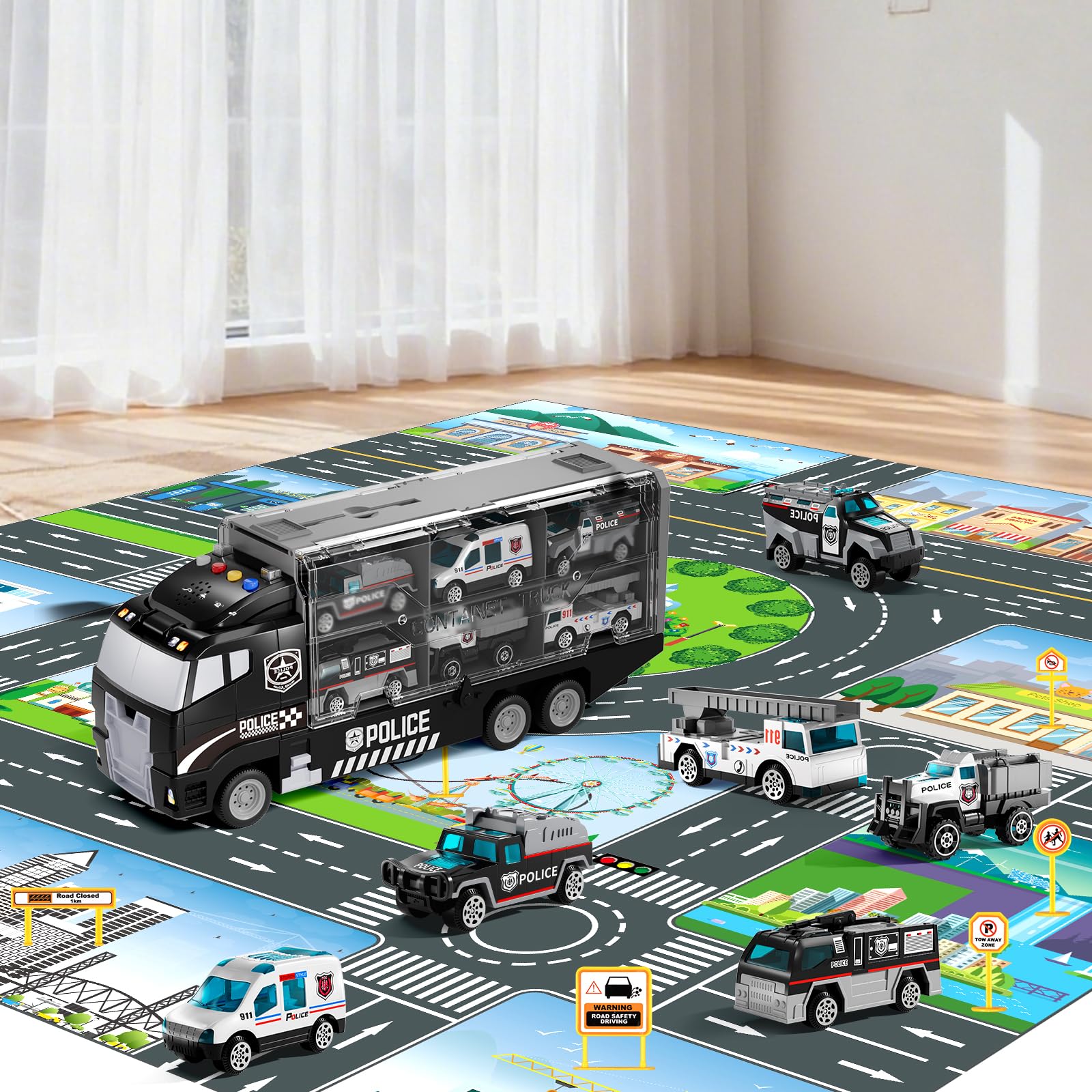 NIPLOOOW Toddler Boys Construction Truck Vehicle Toy Set with Play Mat and Die-Cast Toy Car, Transport Carrier Truck for Kids 3-5, Birthday Gifts Toys for 3-8 Year Old Boys