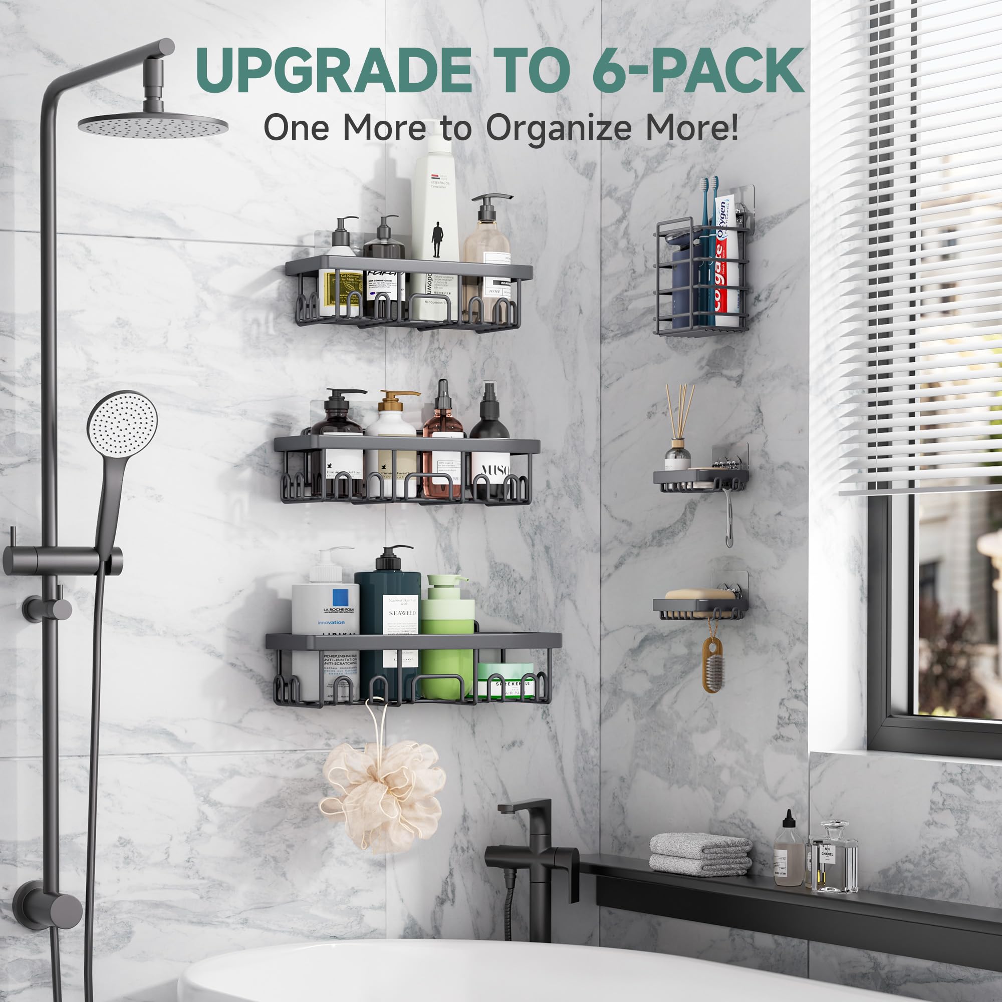 Veken Shower Caddy 6-Pack, Bathroom Organizers and Storage Shelves, Black