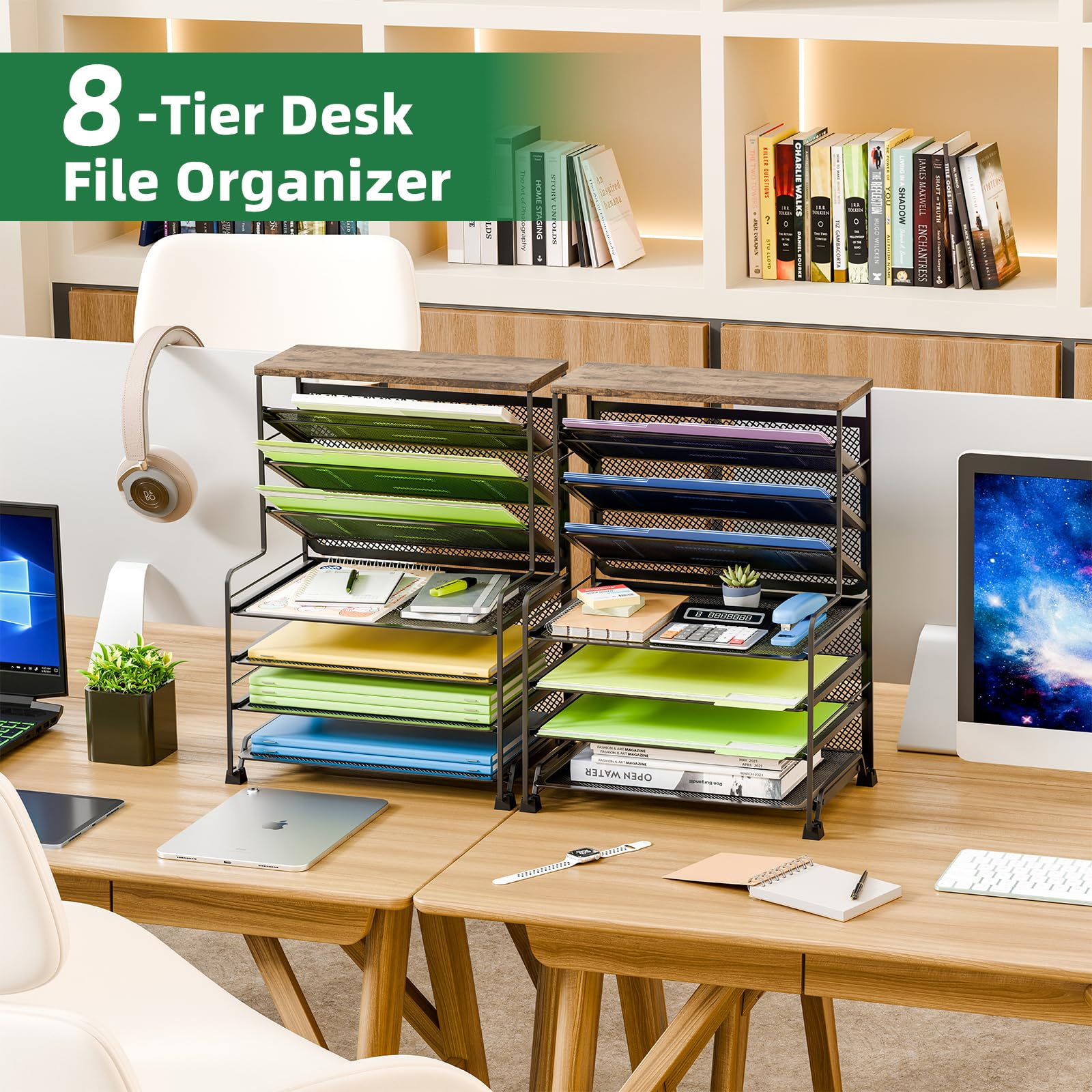 Simple Trending 7 Tier Desk File Organizer, Letter Tray Paper Organizer with Pen Holder and Metal Hanging Basket, Black
