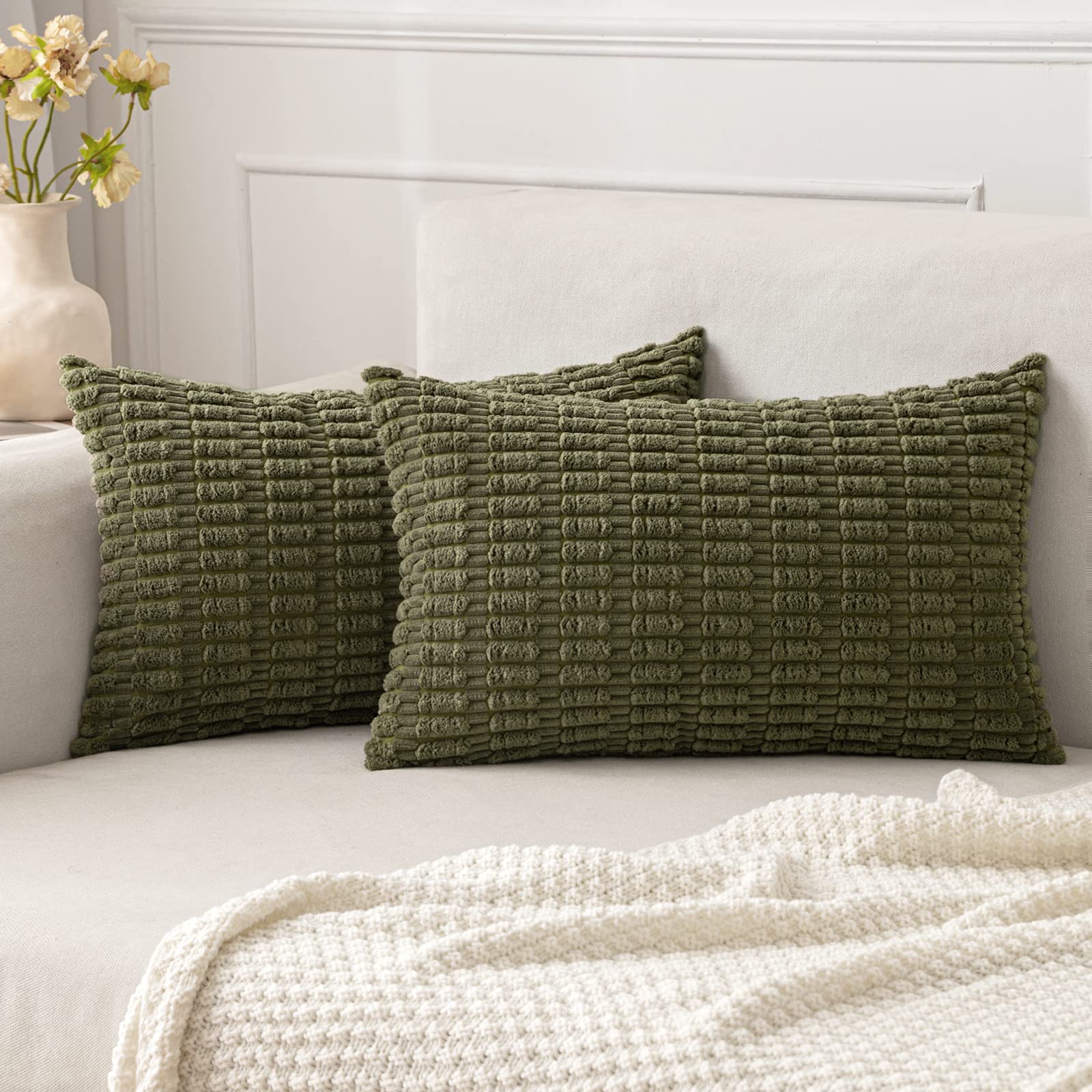 MIULEE Corduroy Decorative Throw Pillow Covers 18x18 Cream White Pack of 2
