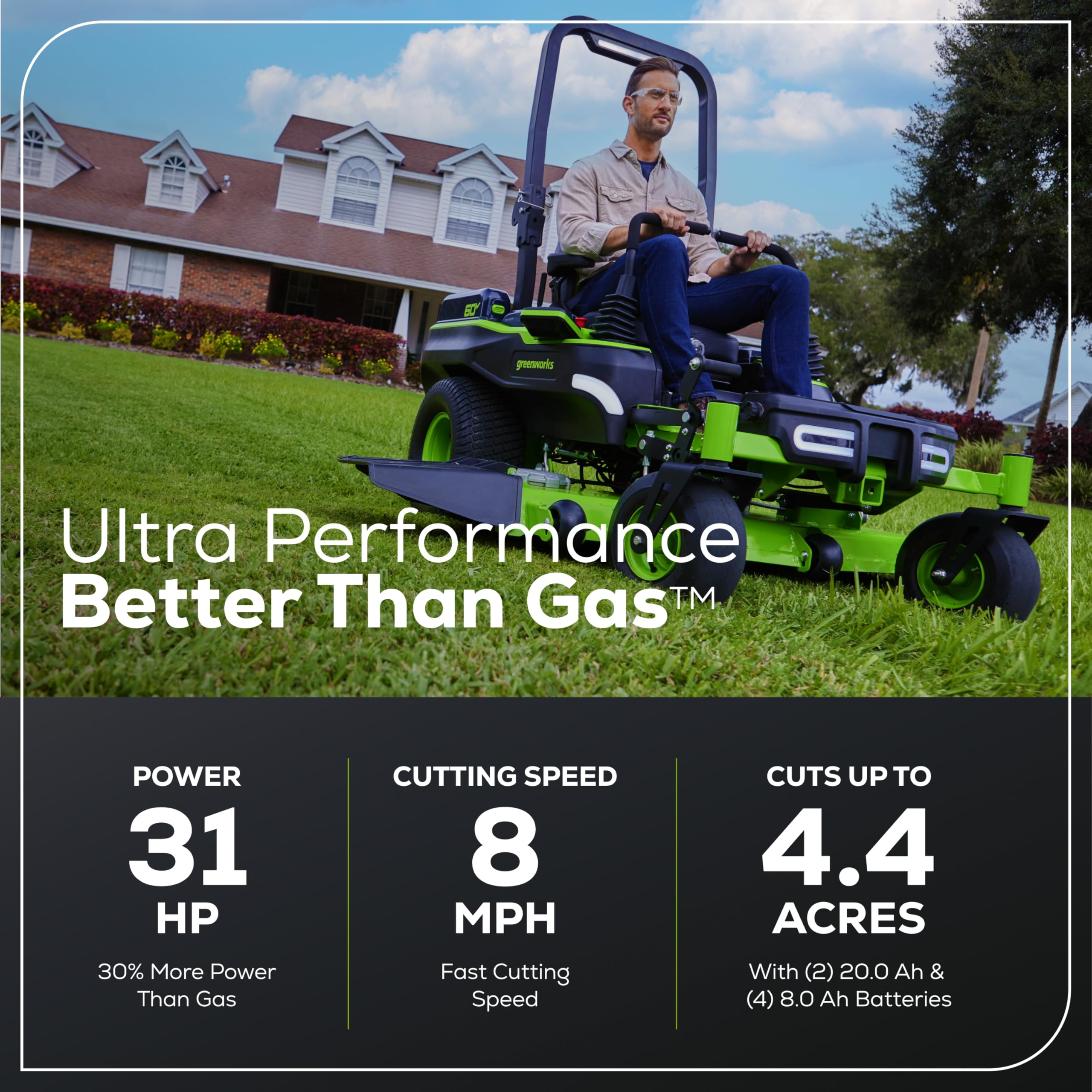 Greenworks 60V 30' Riding Lawn Mower (1.25 Acre, 16 HP Gas Equivalent, 6 MPH, Tow Up to 200 lbs.), (4) 8.0Ah Batteries (1,920 Wh Max) + Turbo Wall Charger