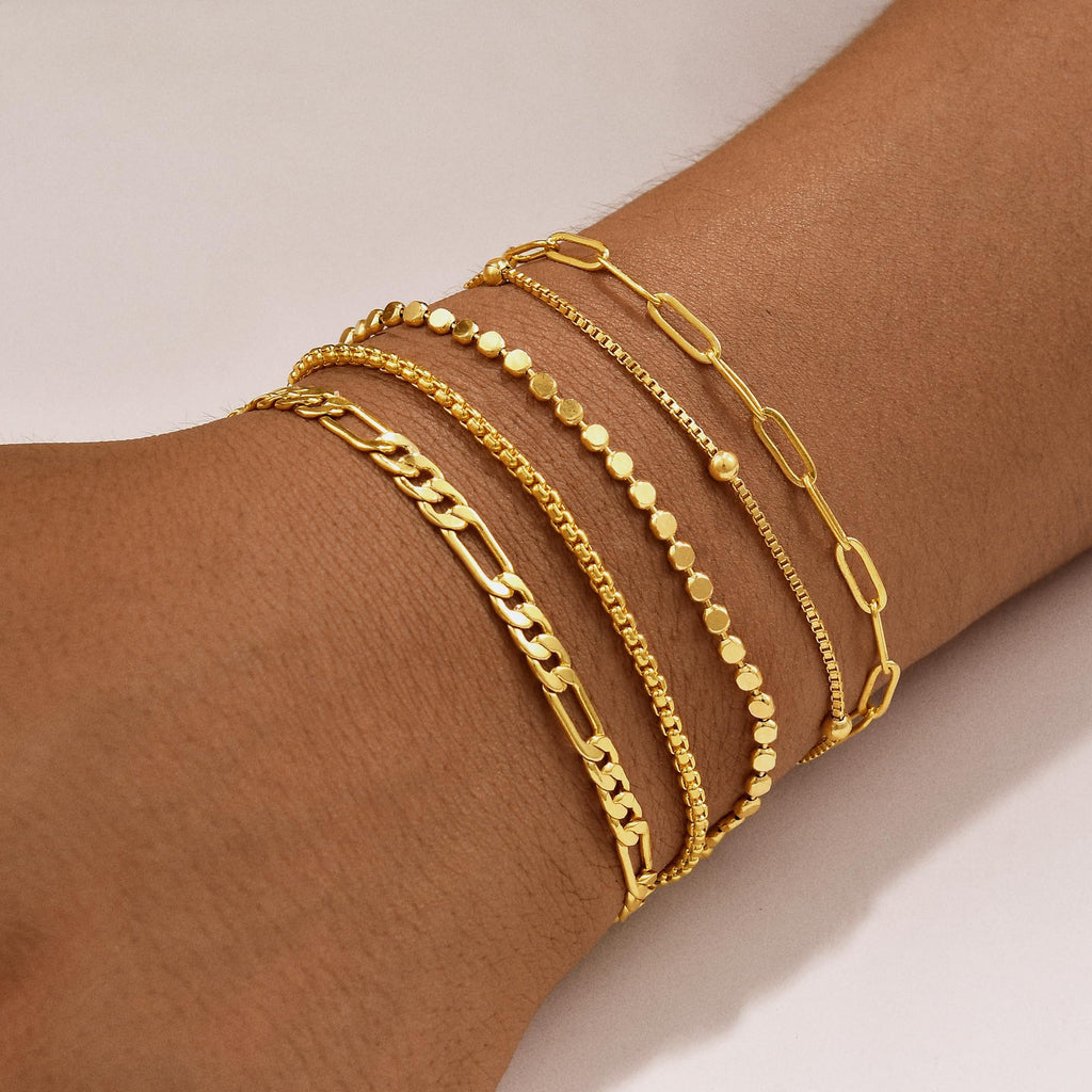 Gold Bracelets for Women, 14K Gold Plated Stackable Bracelet Stack Set Adjustable Charm Paperclip Chain Snake Link Layered Waterproof Jewelry Sets Gifts