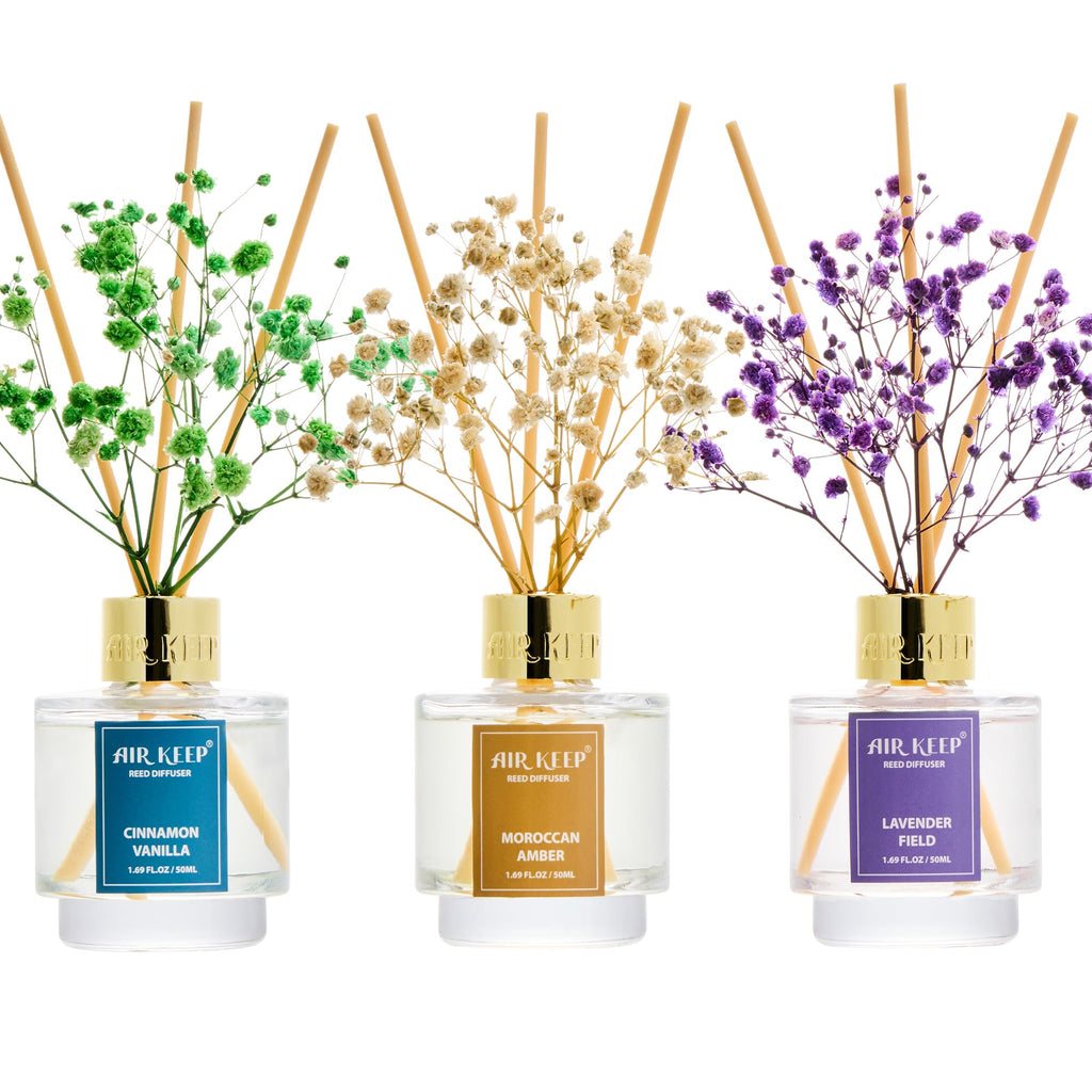 Airkeep Reed Diffuser Set of 3,Clean Linen Ocean Mist&Sea Salt Lavender Eucalyptus Oil Reed Diffusers for Bedroom Living Room Office Aromatherapy Oil Reed Diffuser for Gift 50ml x 3