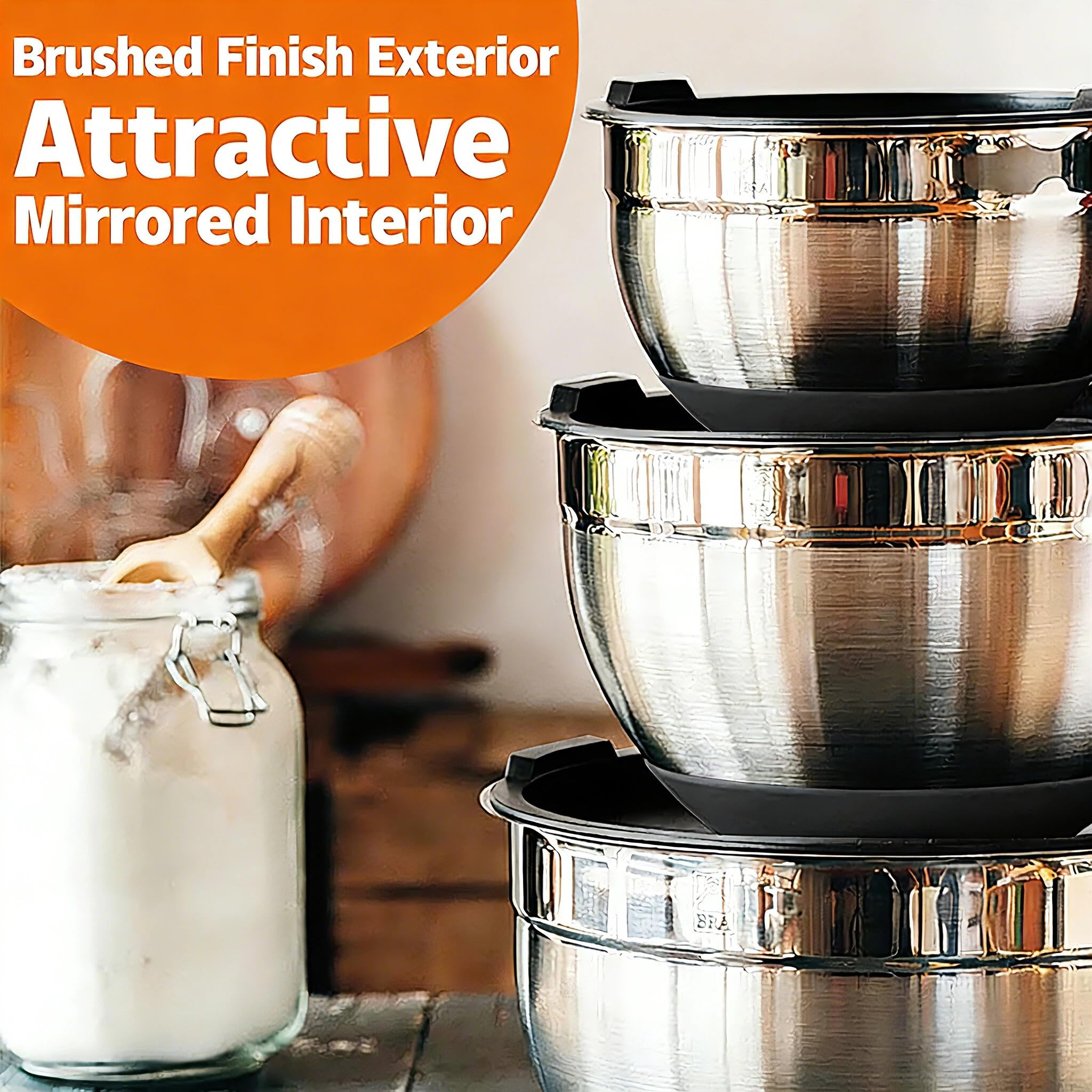 Mixing Bowls with Airtight Lids Set, 26PCS Stainless Steel Khaki Bowls with Grater Attachments, Non-Slip Bottoms & Kitchen Gadgets Set, Size 7, 4, 2.5, 2.0,1.5, 1QT, Great for Mixing & Serving