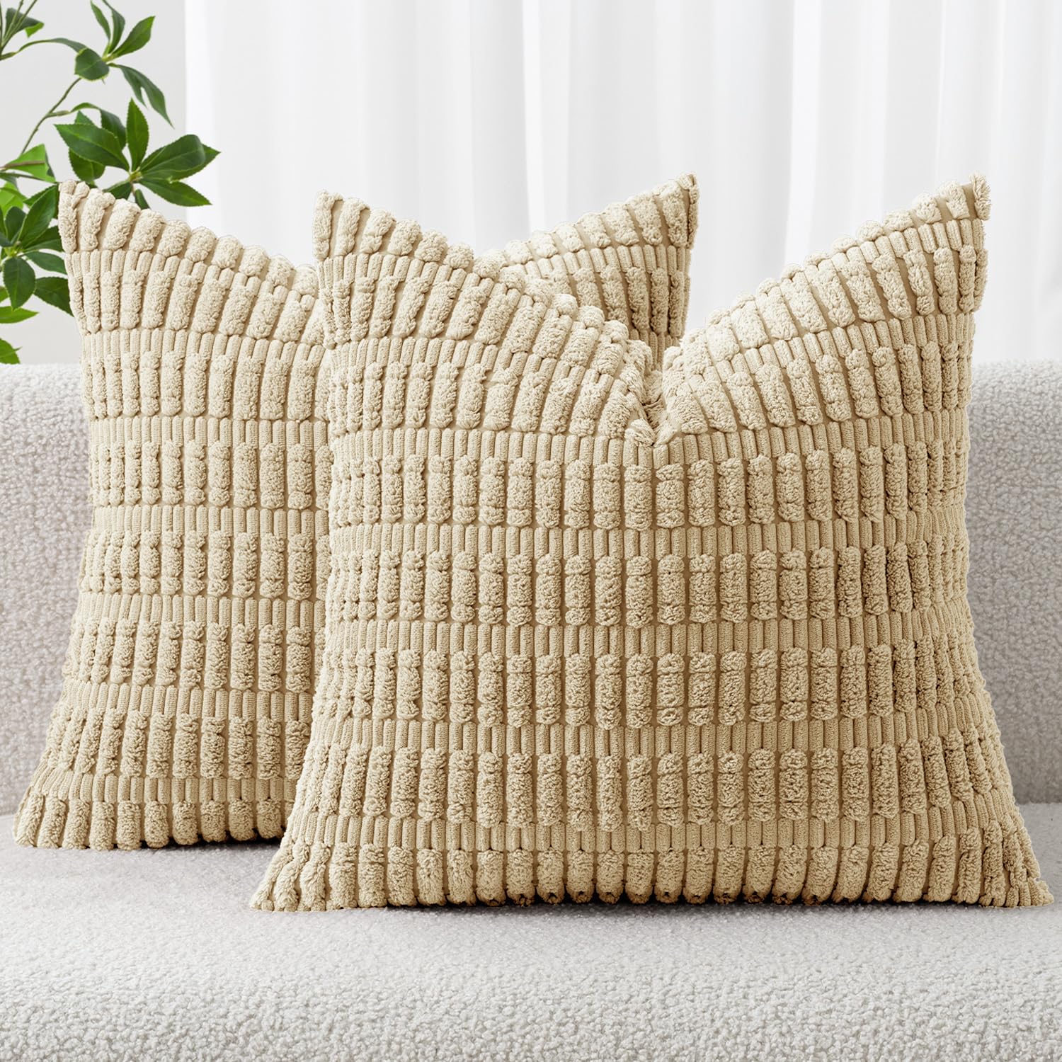 MIULEE Corduroy Decorative Throw Pillow Covers 18x18 Cream White Pack of 2