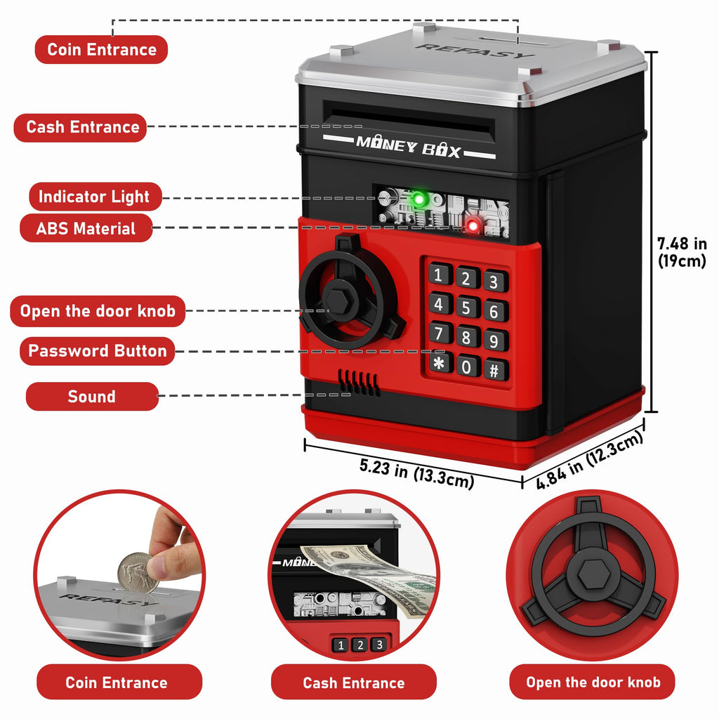 Refasy Piggy Bank Cash Coin Can ATM Bank Electronic Coin Money Bank for Kids Age 3-12, Money Savings Box Mini ATM Coin Bank Toys Gifts for 3 4 5 6 7 8 9 10 11 12 Year Old Boys Girls