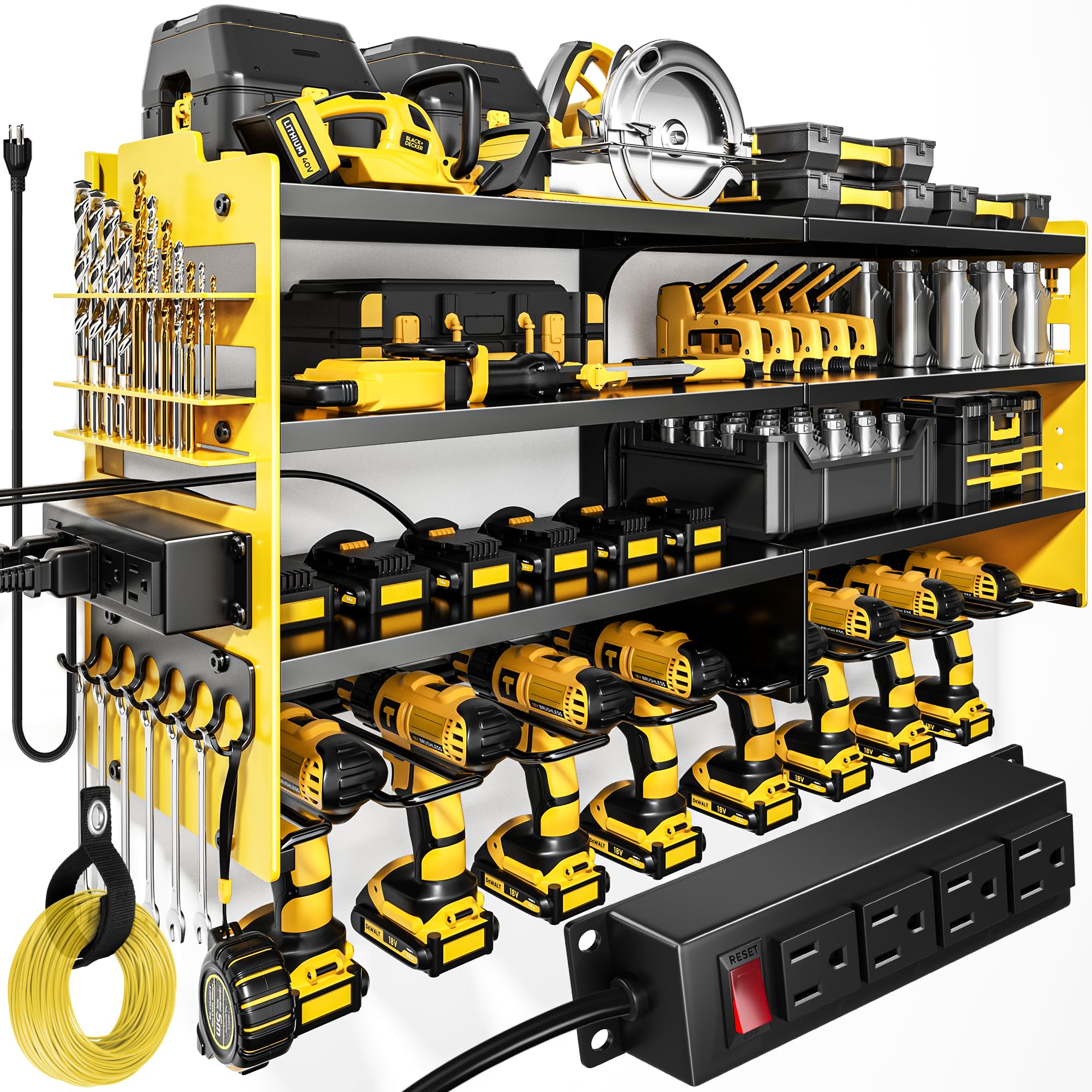 POKIPO Large Power Tool Organizer Wall Mount with Charging Station,4 Layer Heavy Duty Metal Tool Storage Rack Loads 600lbs with 8 Cordless Drill Holder,Battery Utility Rack Loads with 4 Power Strip